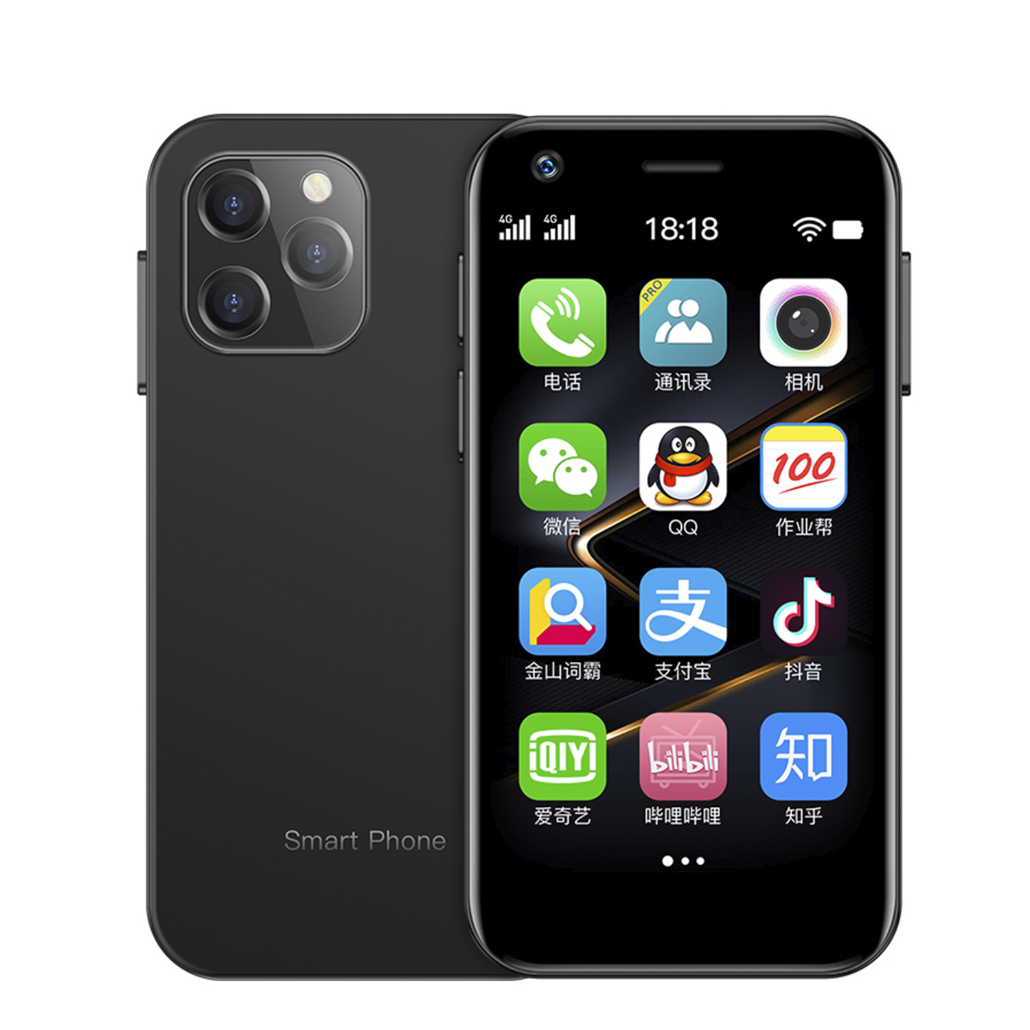 Uno smartphone nero con interfaccia app sul davanti e fotocamere sul retro.