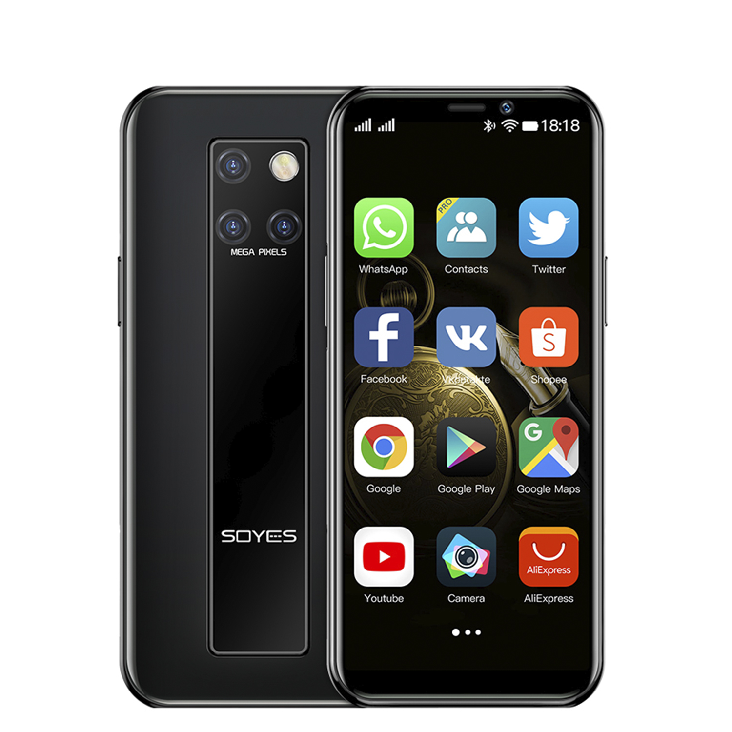 Smartphone nero con icone di app multiple sullo schermo e retro nero con fotocamera.