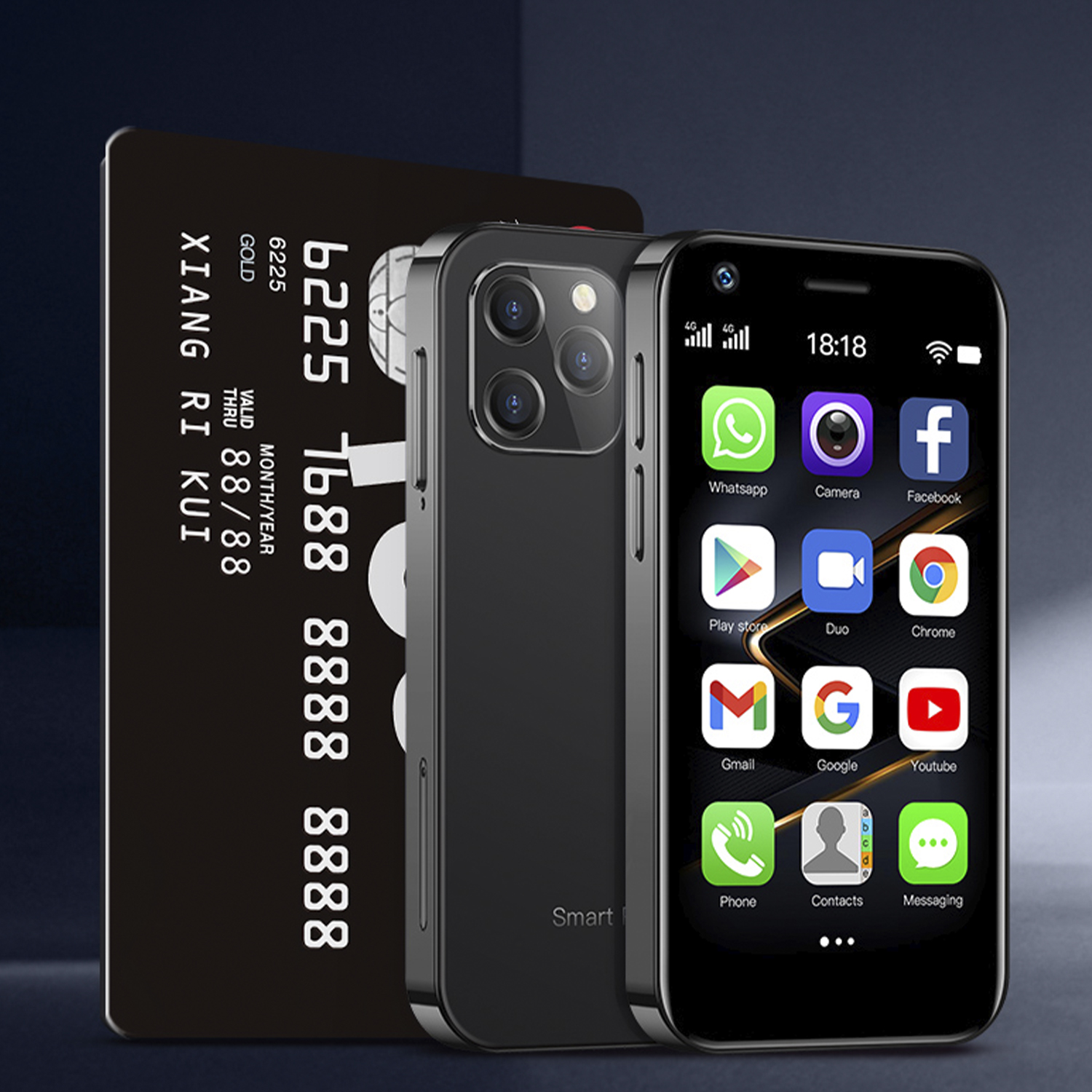 Schwarze Smartphones und eine Kreditkarte. Das Telefon zeigt App-Symbole.