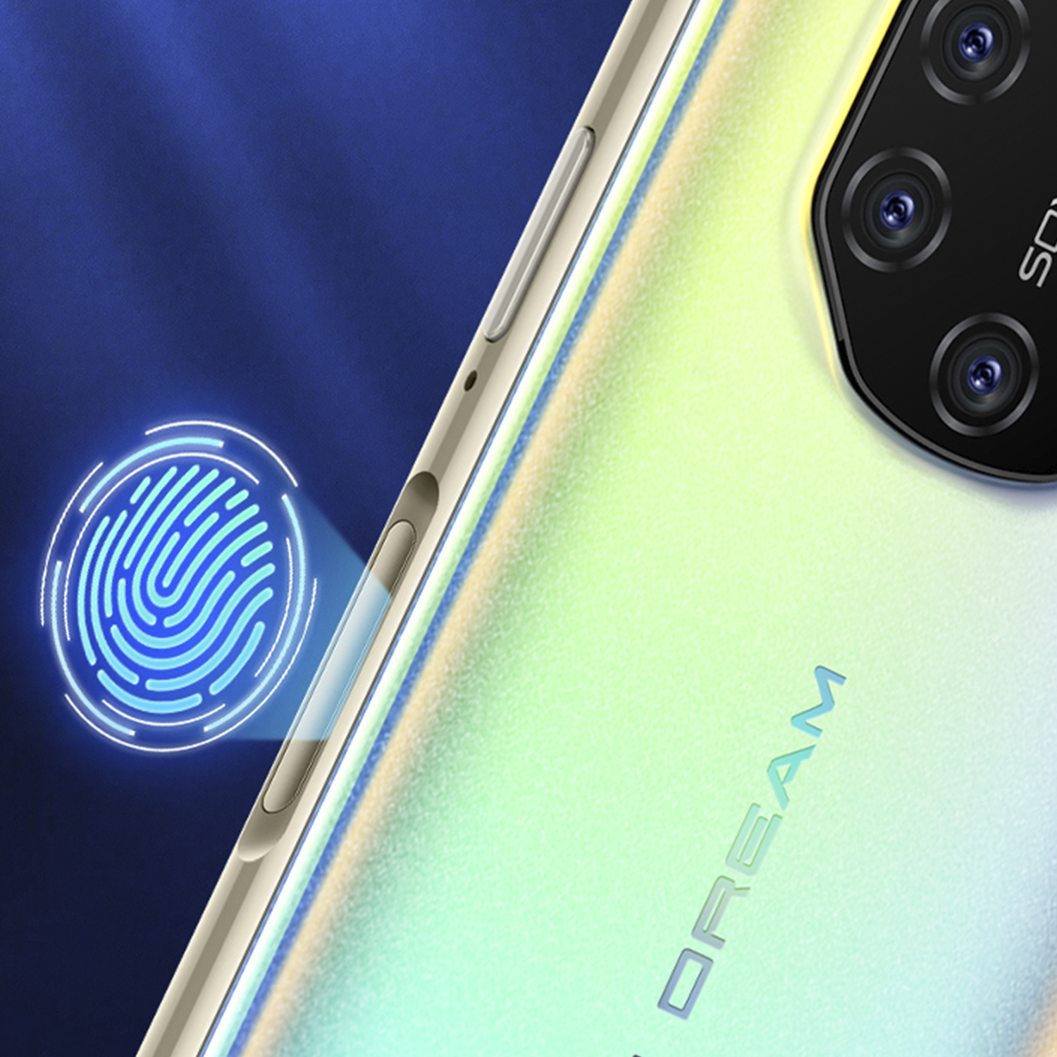 Nahaufnahme der Rückseite eines Telefons mit Fingerabdrucksymbol und Kameralinsen.