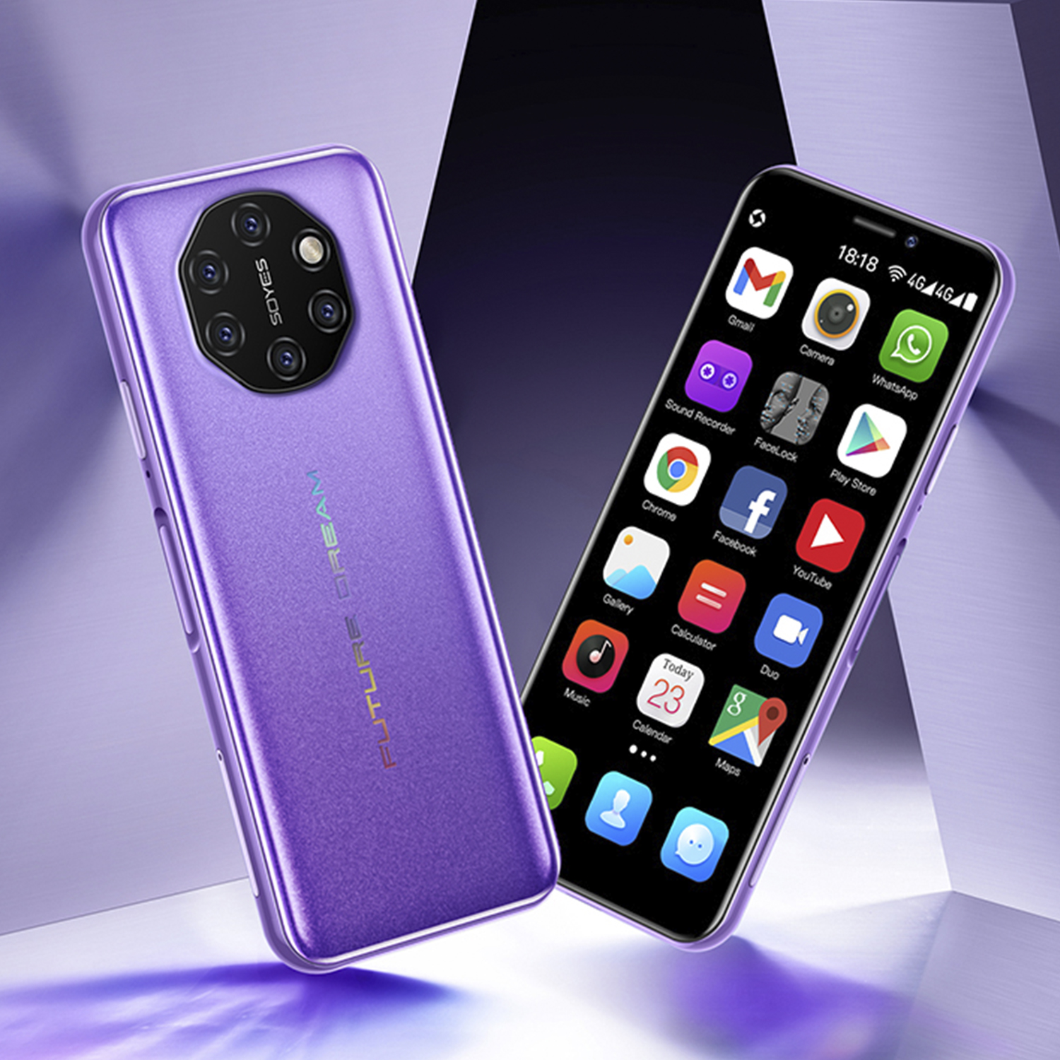 Ein lila Smartphone mit Kameraanordnung und einem Display mit App-Symbolen.