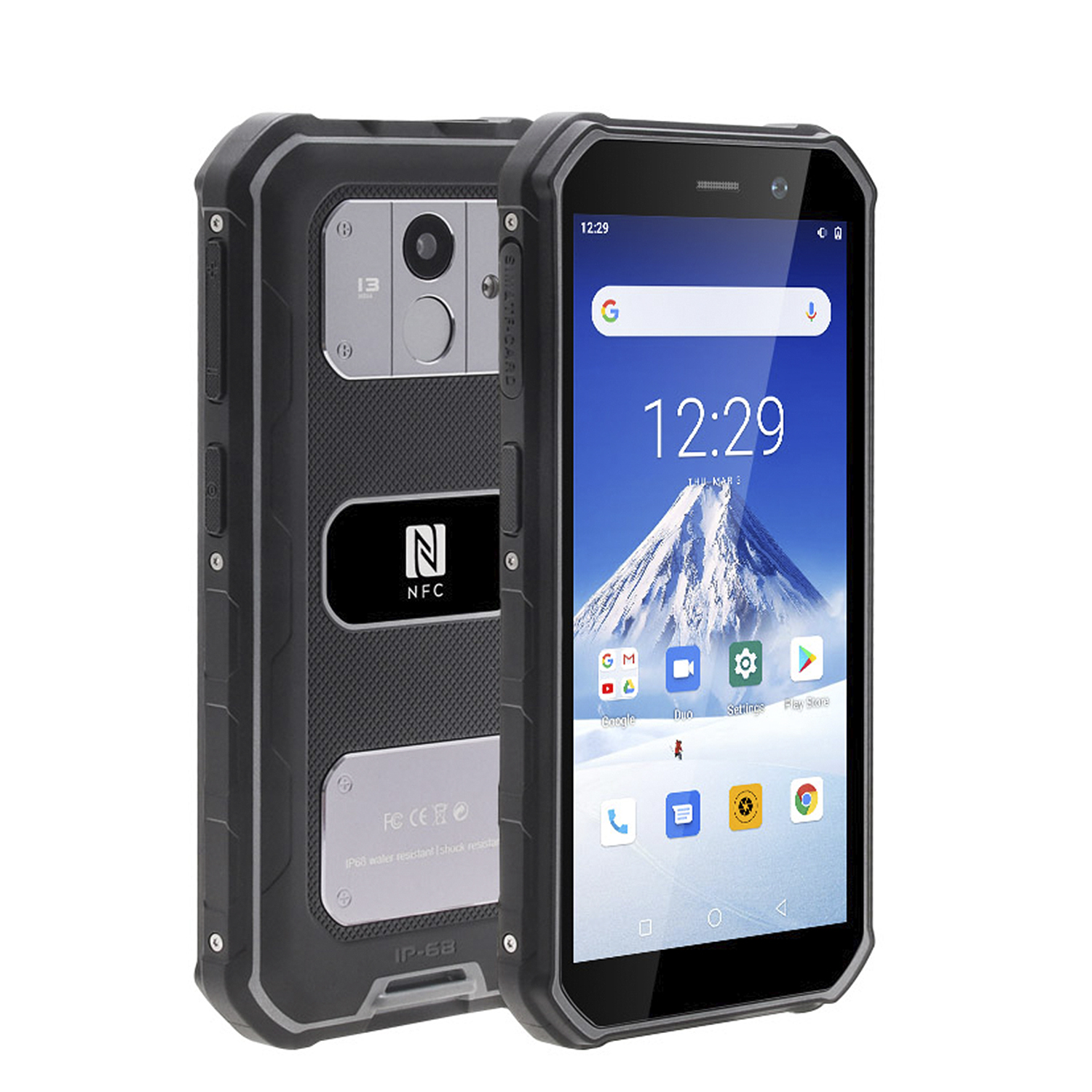 Smartphone robusto nero e grigio. Il retro ha una fotocamera e il logo NFC. Lo schermo mostra ora e icone.