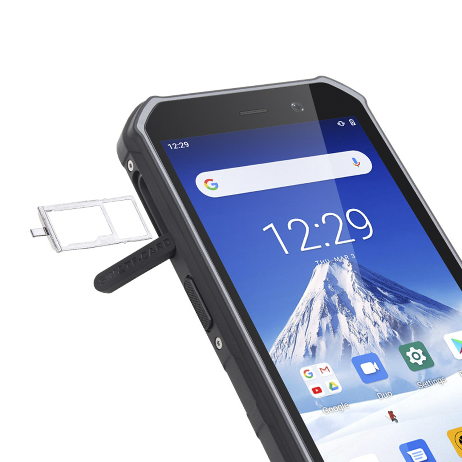 Primo piano di uno smartphone nero, che mostra il vassoio della SIM in fase di espulsione. Lo schermo mostra l'ora.