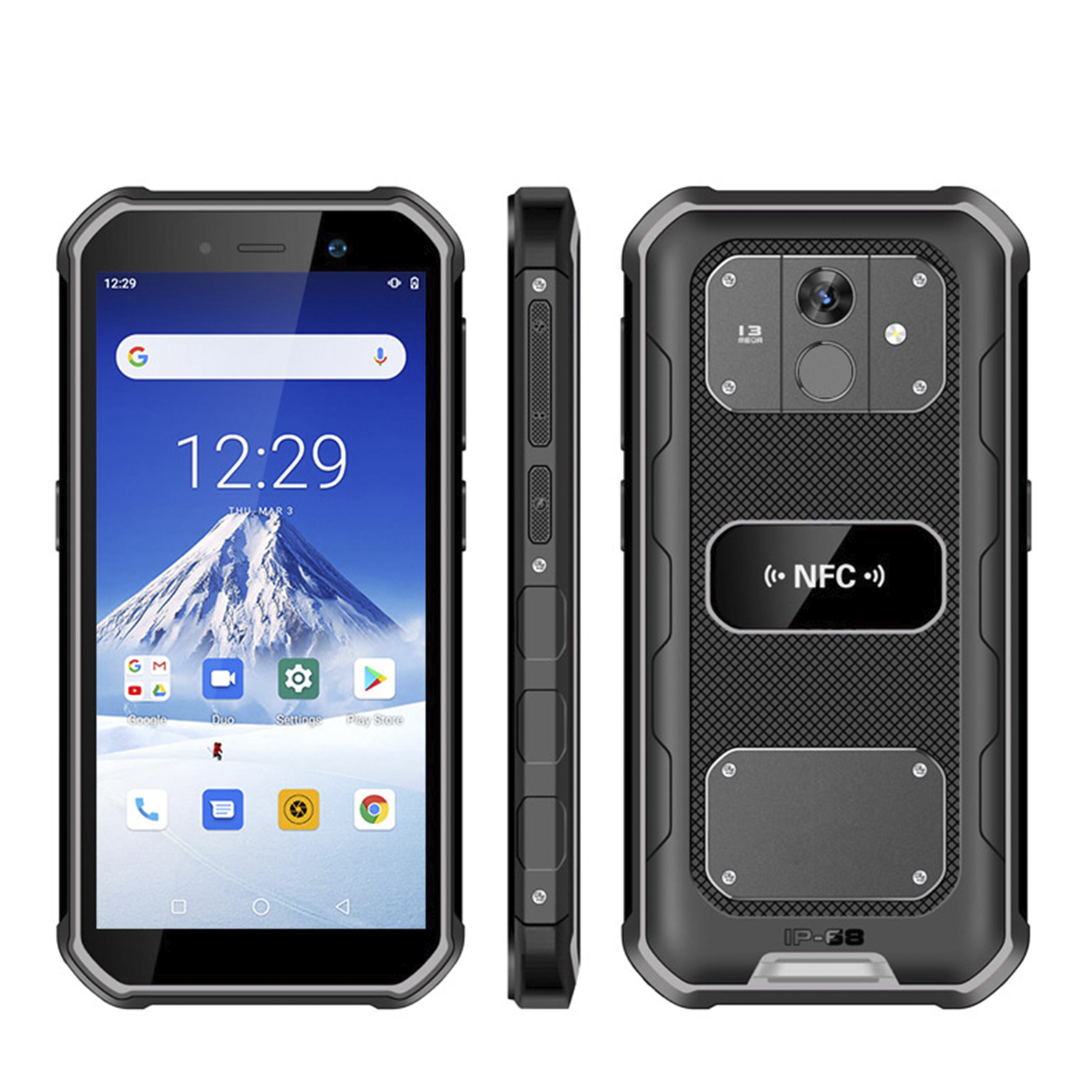 Tre viste di uno smartphone rugged, frontale, laterale e posteriore, tutto nero con accenti argentati.