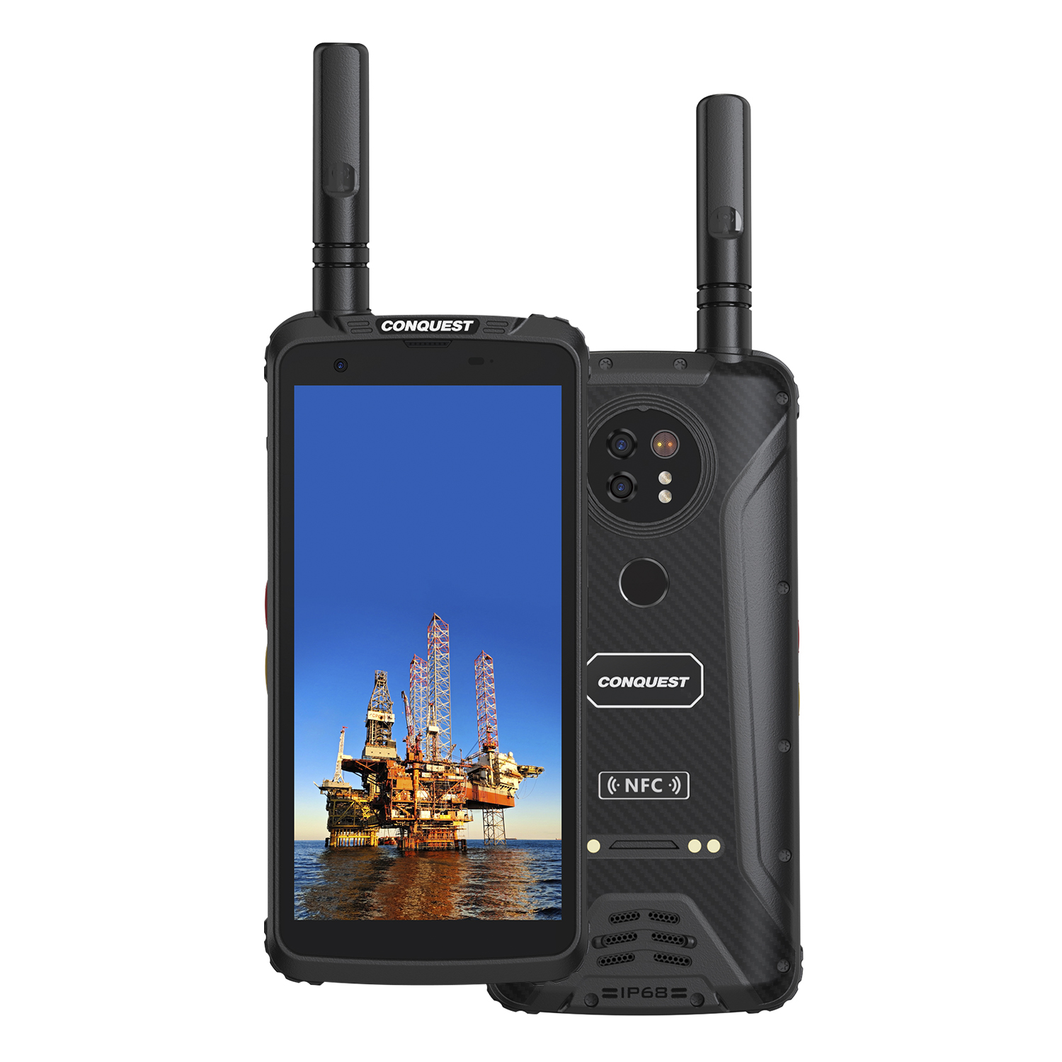 Telefono nero robusto con una piattaforma petrolifera sullo schermo. Doppie antenne. Retro nero con testo. Sfondo bianco.