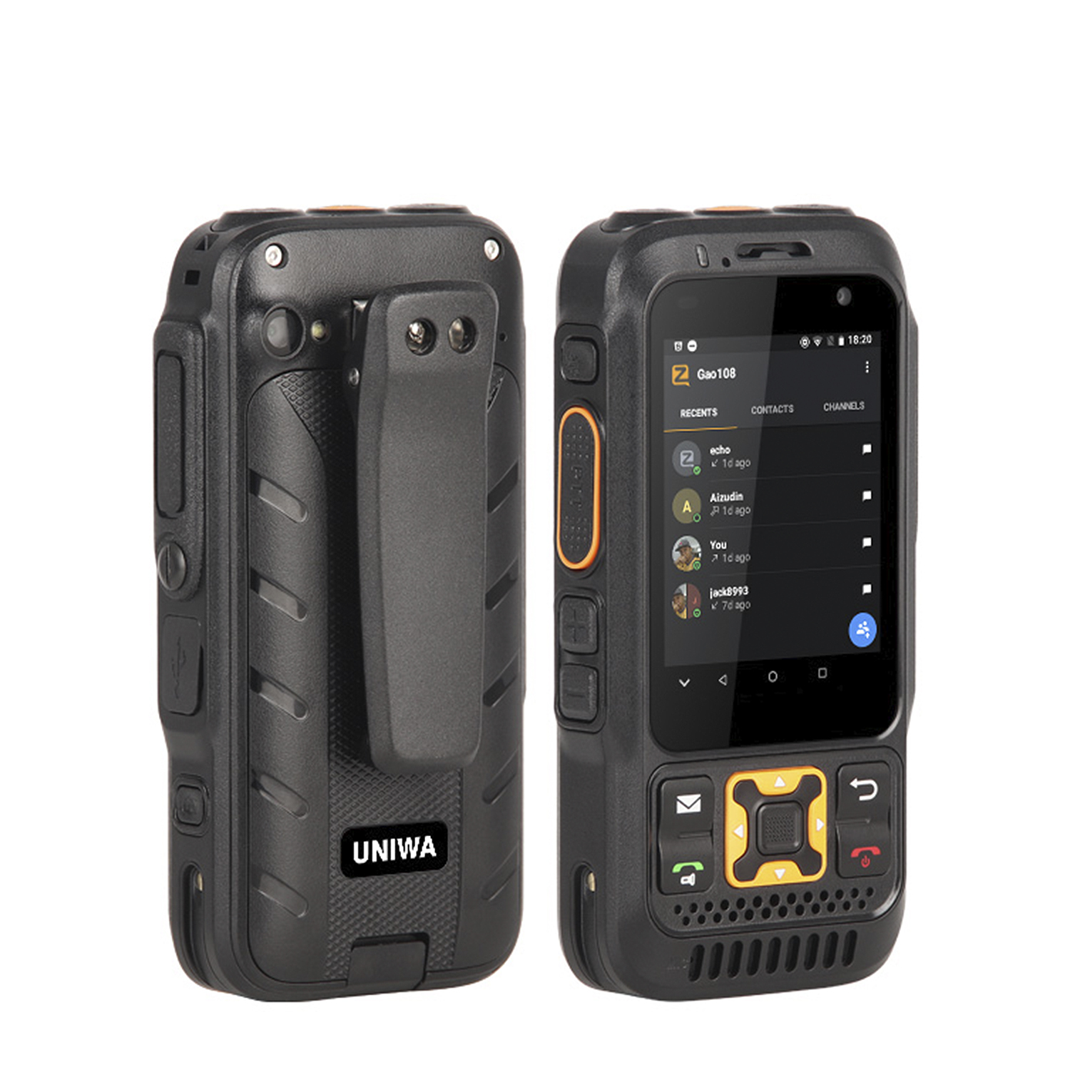Telefono nero robusto con uno schermo che mostra una chat. Lo sfondo è bianco.