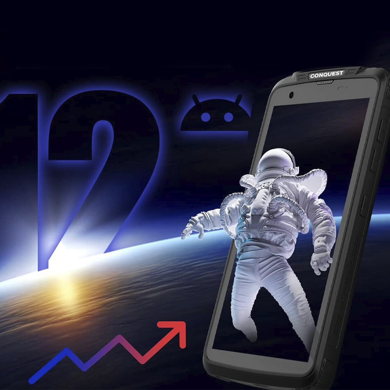 Telefono con astronauta, Android 12. Pianeta blu e freccia rossa sullo sfondo.