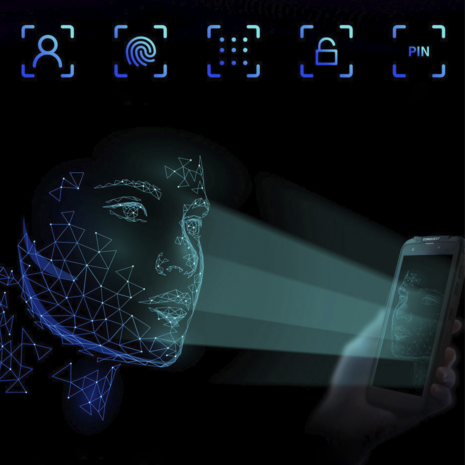 Illustrazione di un volto e icone relative al riconoscimento facciale. Viene mostrato un telefono.