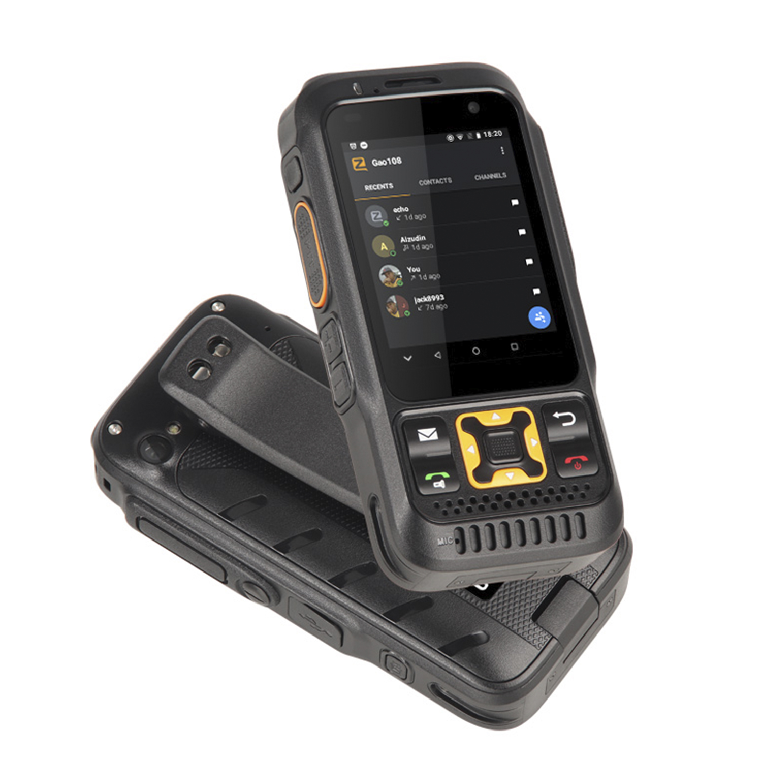 Uno smartphone nero robusto con uno schermo che mostra una lista contatti, con un secondo telefono sotto.