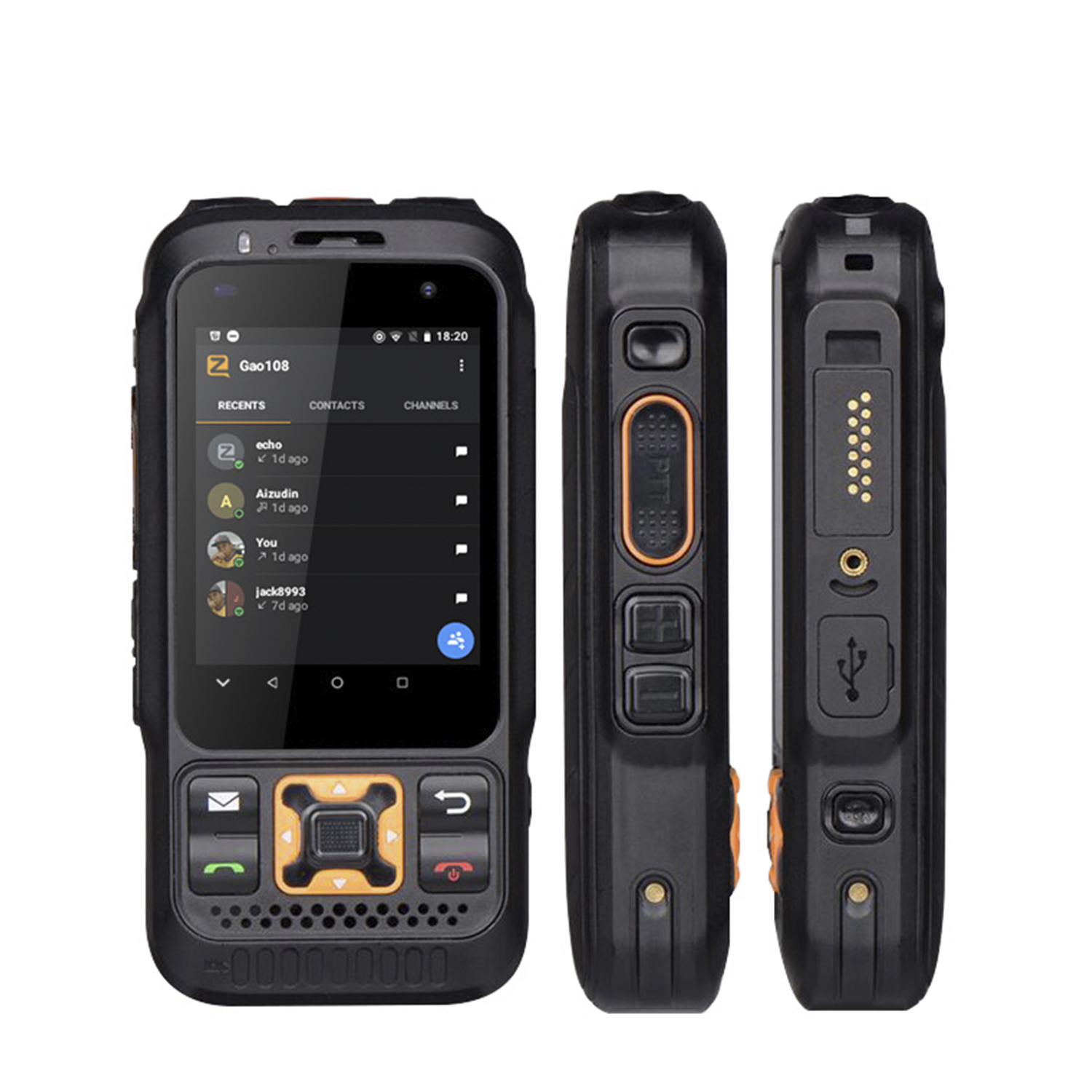 Smartphone nero robusto con schermo che mostra l'interfaccia, e viste laterali e posteriori.
