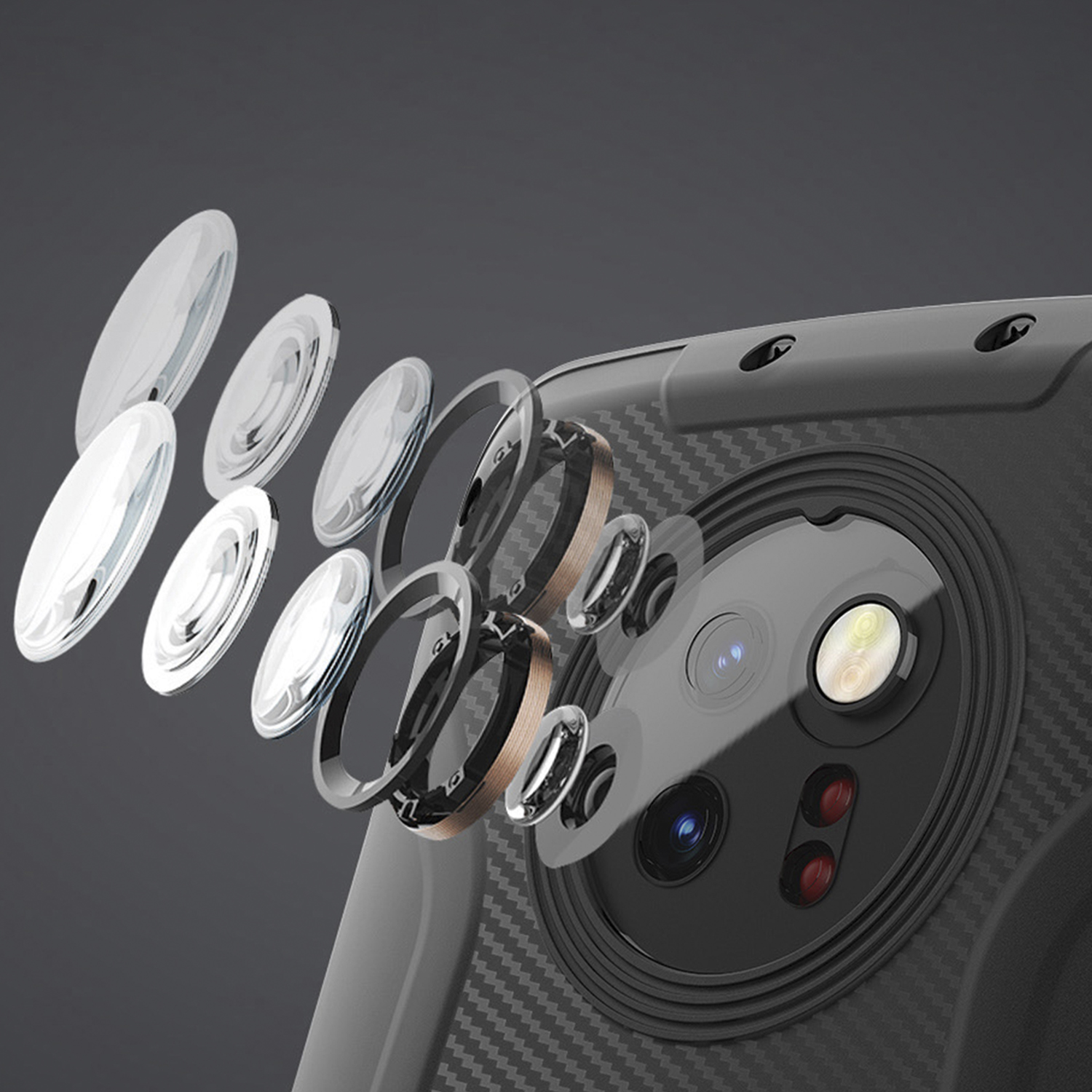Vista esplosa di una fotocamera del telefono. Vengono mostrati più elementi dell'obiettivo, con una trama in fibra di carbonio sul retro.