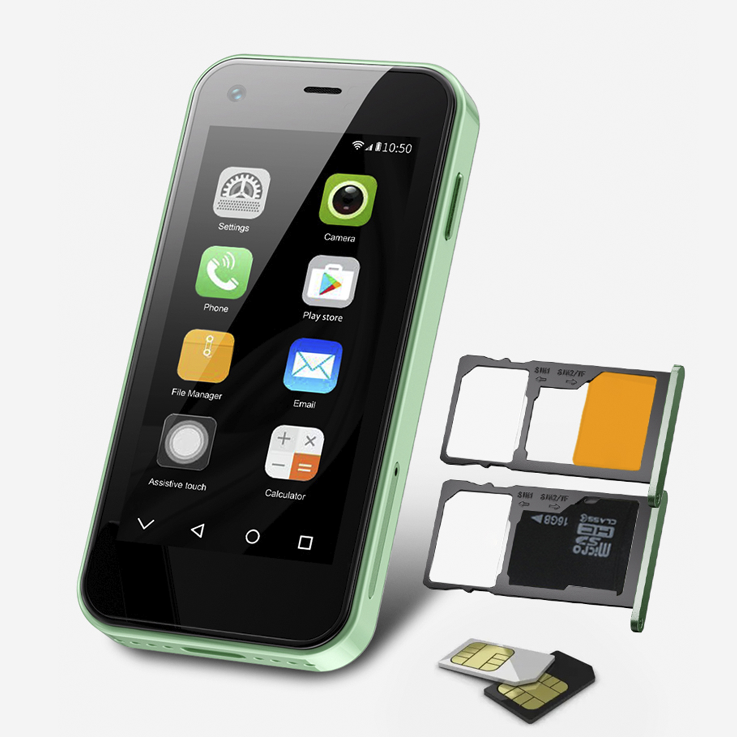Ein kleines grünes Smartphone mit Symbolen auf dem Bildschirm, zusammen mit drei SIM-Karten und zwei microSD-Karten.
