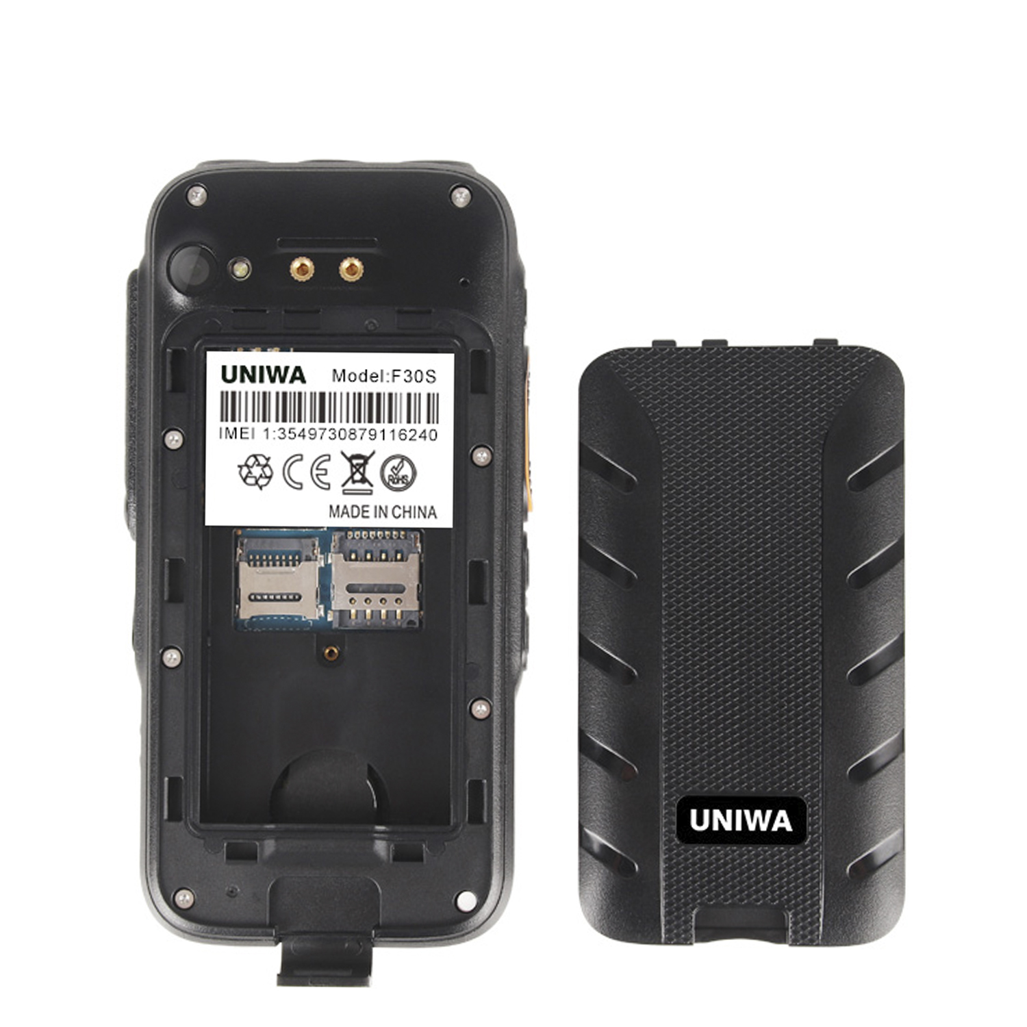Telefono nero, aperto per mostrare slot SIM e batteria. Il marchio è UNIWA.