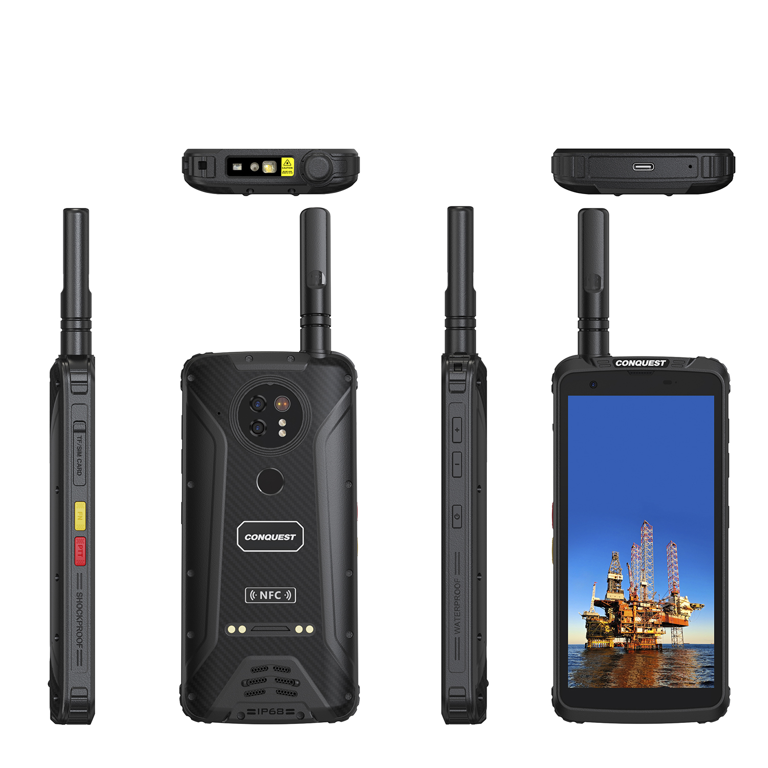 Uno smartphone robusto, nero e impermeabile con più viste. Ha antenne e uno schermo.