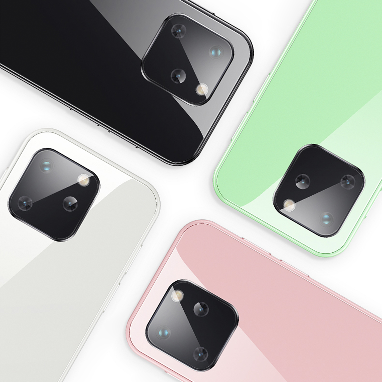 Vier bunte Smartphone-Rückseiten: Schwarz, Weiß, Grün und Pink.