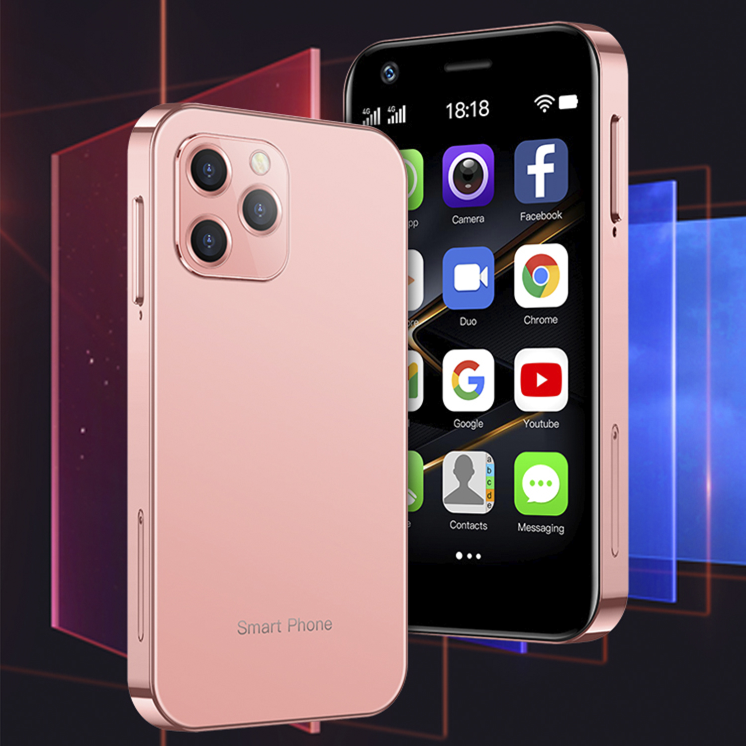 Uno smartphone color oro rosa con icone sullo schermo, accanto a un telefono simile con il retro rivolto verso l'alto.