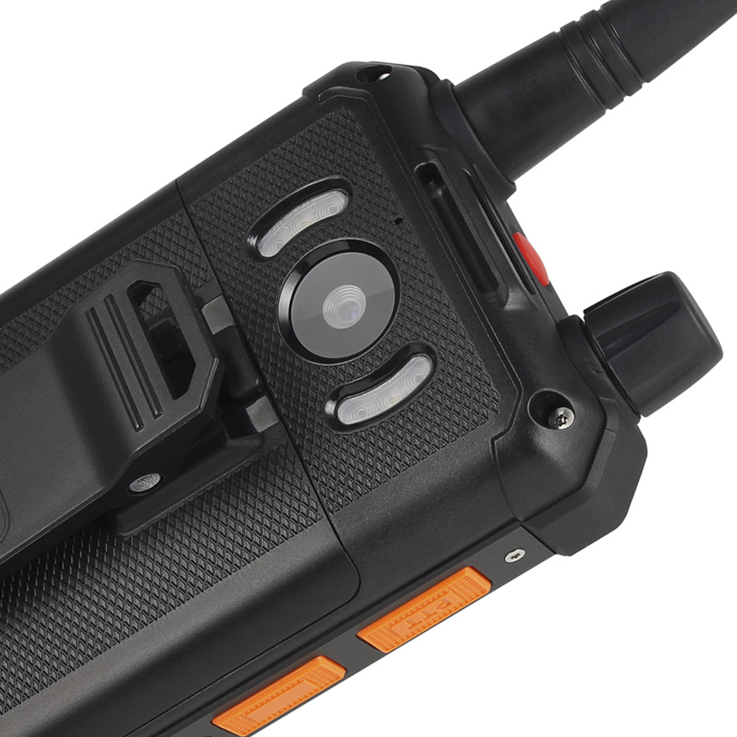 Un walkie-talkie negro con botones, una pantalla y una antena. La carcasa es texturizada.