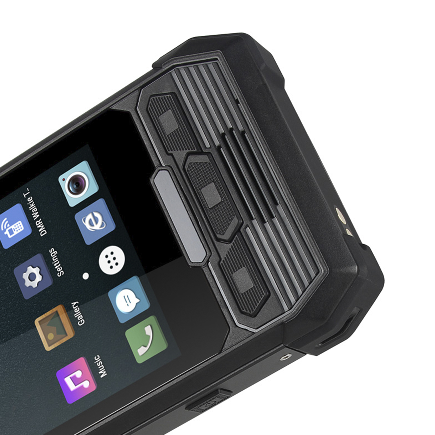 Primer plano de un teléfono inteligente negro resistente. La parte superior muestra botones y una pantalla con iconos de aplicaciones.