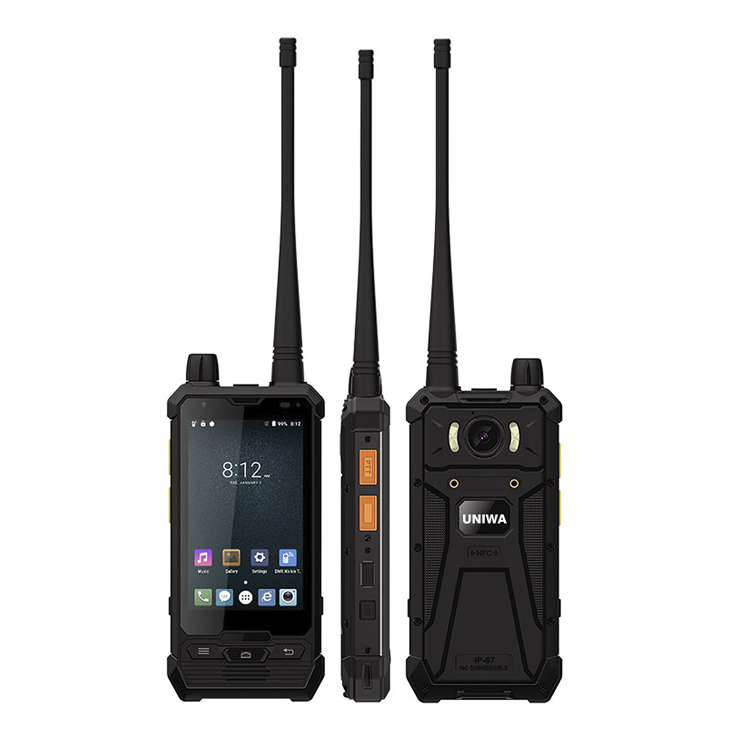 Smartphone negro resistente con tres antenas. Muestra la hora y la interfaz con iconos de aplicaciones en la pantalla.