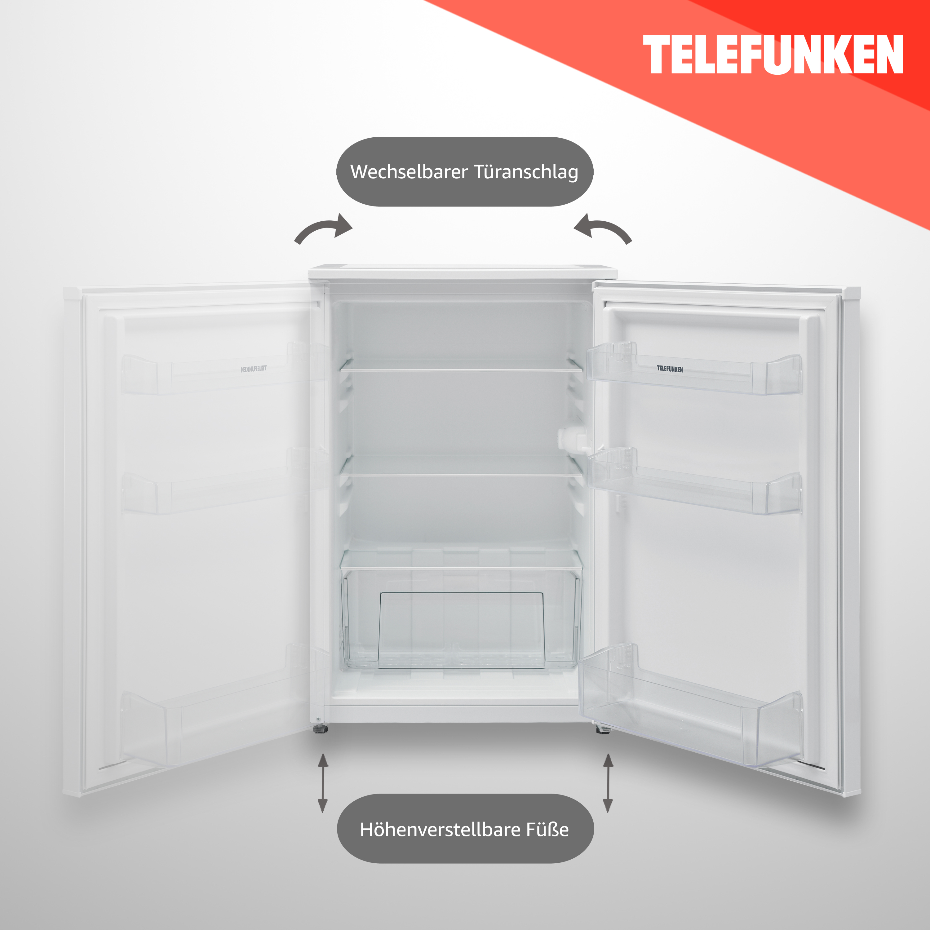 Weißer Kühlschrank mit geöffneten Türen. Textbeschriftungen zeigen verstellbare Füße und Wendetür.