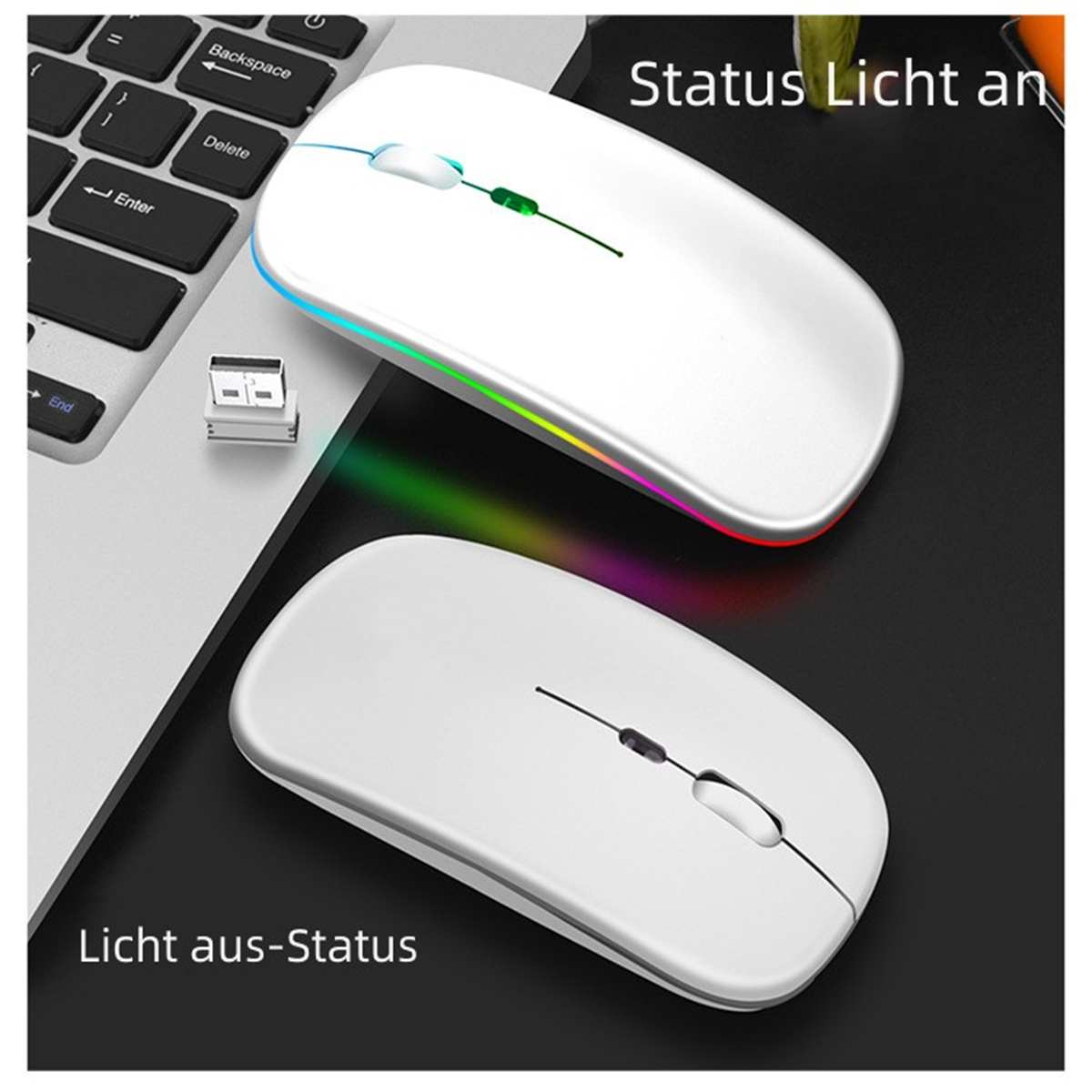Zwei weiße drahtlose Mäuse mit LED-Leuchten. Eine hat Lichter an. Der Hintergrund ist weiß.