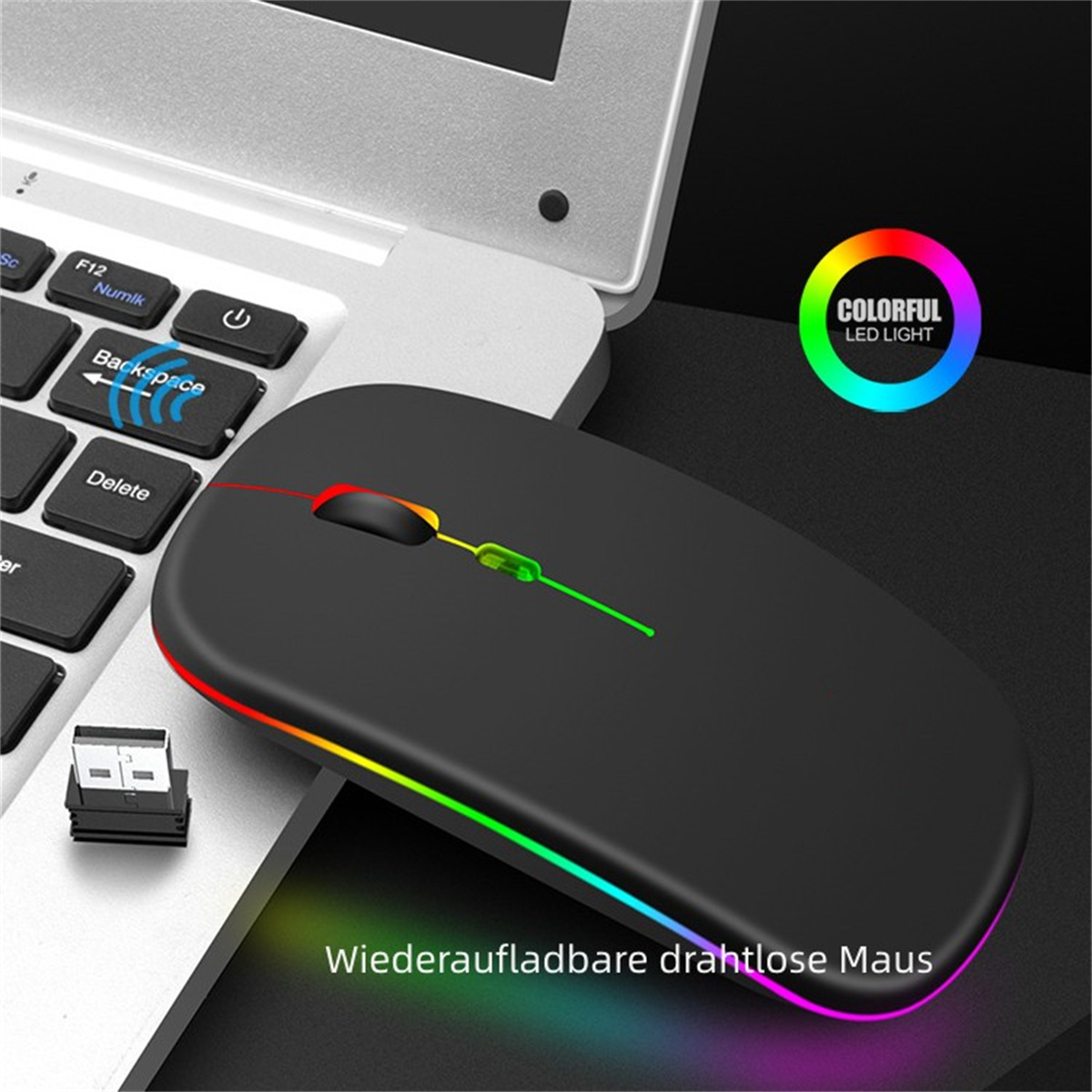 Schwarze Maus mit bunten LED-Leuchten. Laptop-Tastatur sichtbar. Text: Wiederaufladbare drahtlose Maus.