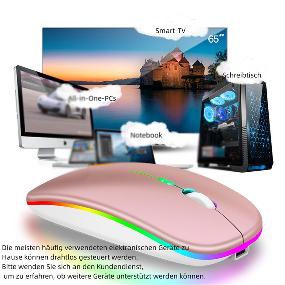 Rosa Maus auf einem Schreibtisch. Andere Geräte: Smart-TV, All-in-One-PC, Notebook und PC.