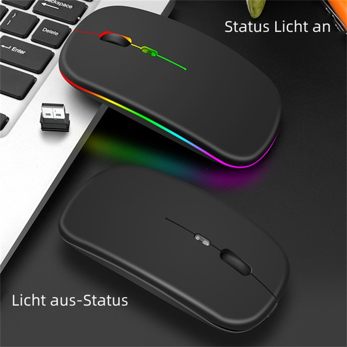 Schwarze und weiße Mäuse zeigen Licht an/aus-Zustände mit farbigen Kantenlichtern.