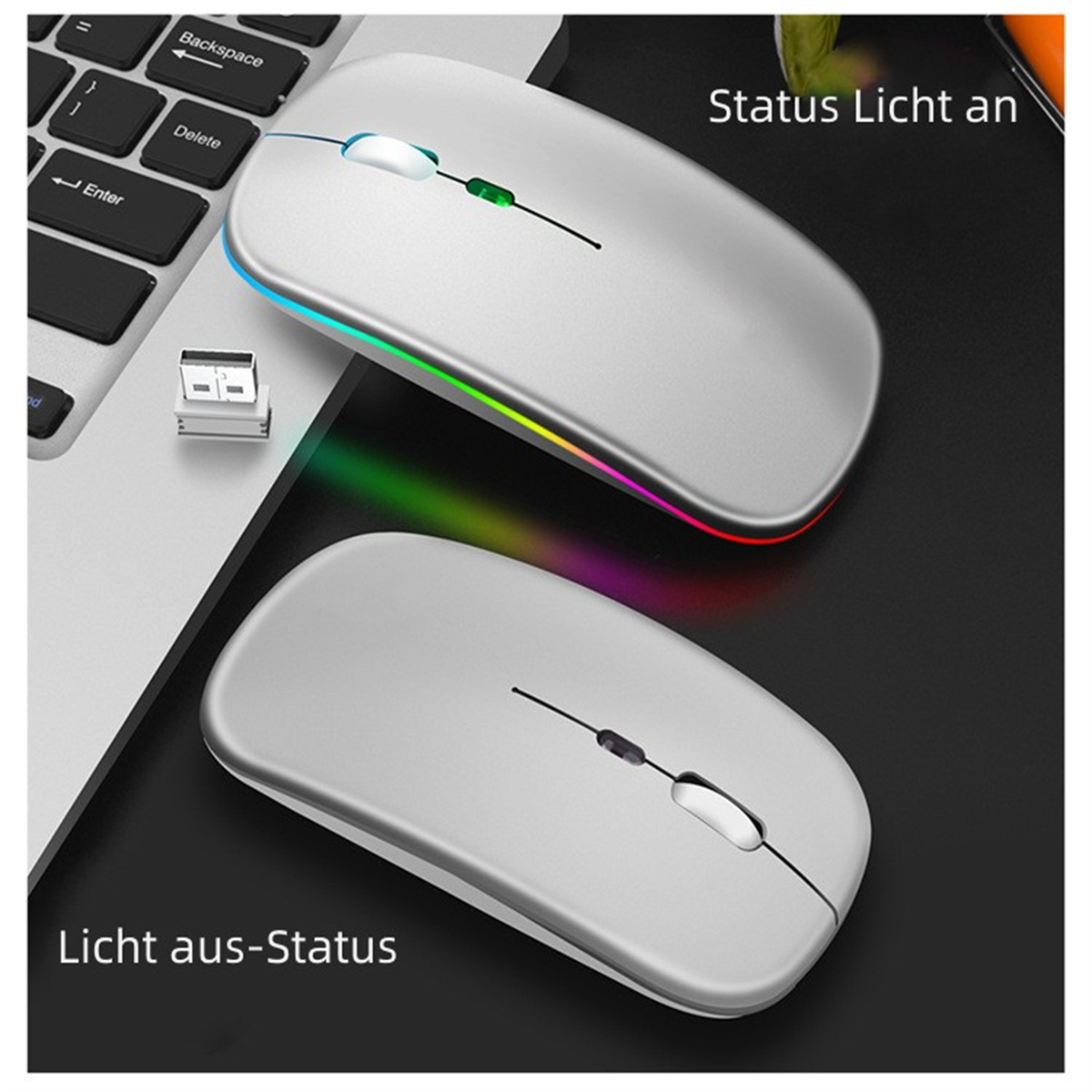Zwei silberne kabellose Mäuse auf einem Laptop. Eine hat eine farbenfrohe Kantenbeleuchtung.