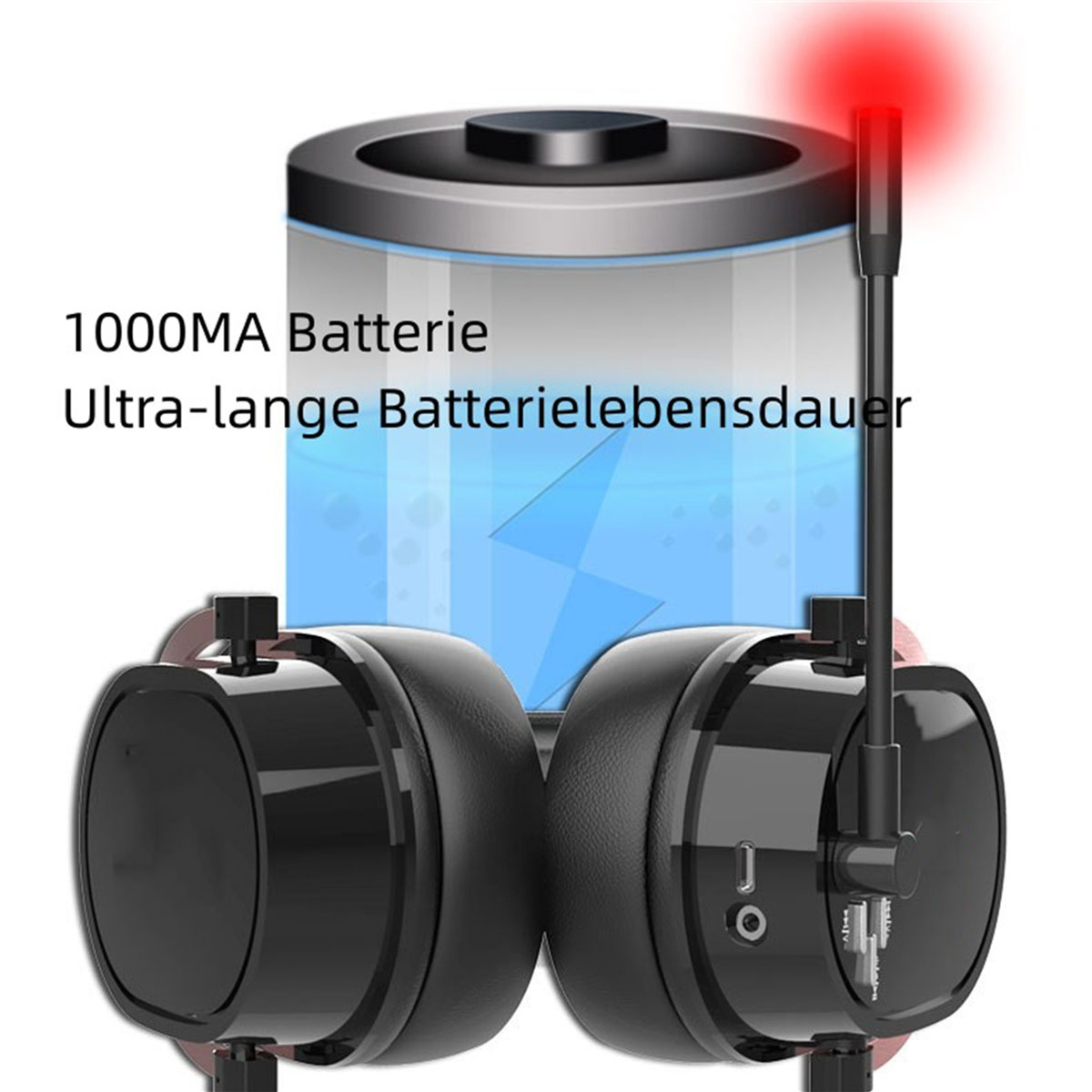 Schwarze Kopfhörer mit rotem Licht und einem Batteriebild.