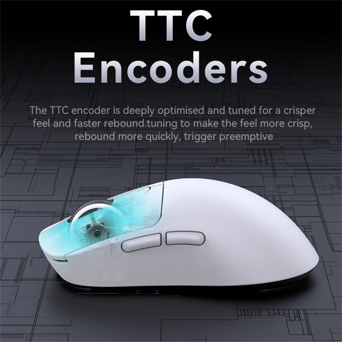 Weiße Maus mit transparentem Roller, Text 'TTC Encoders'.