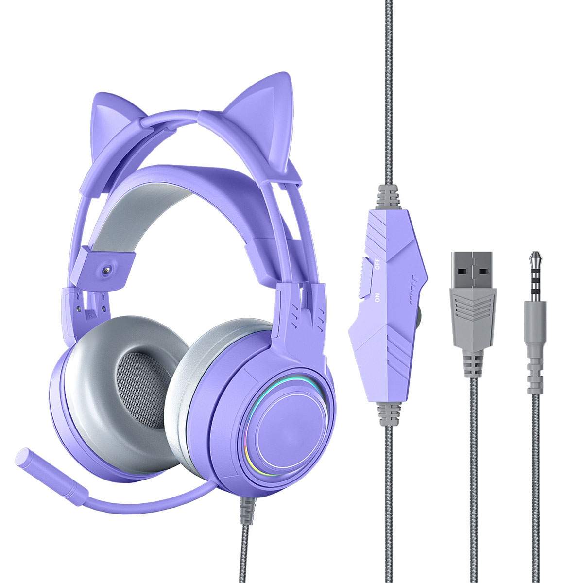Lila Katzenohrhörer mit Mikrofon, Steuerung und USB/3,5-mm-Klinke. Weißer Hintergrund.