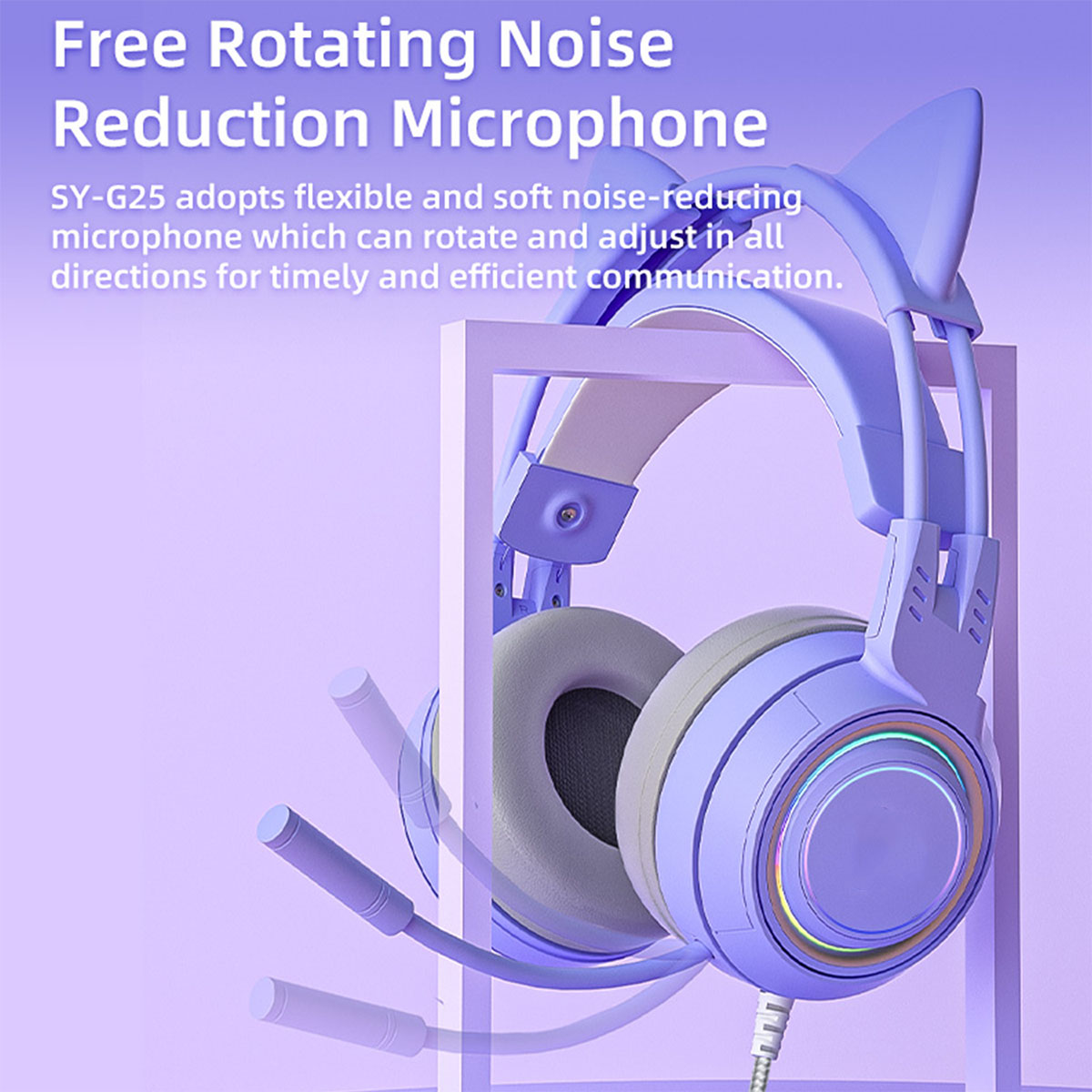Lila Katzenohr-Headset mit flexiblem Mikrofon und mehrfarbigen Lichtern, weißer Hintergrund.