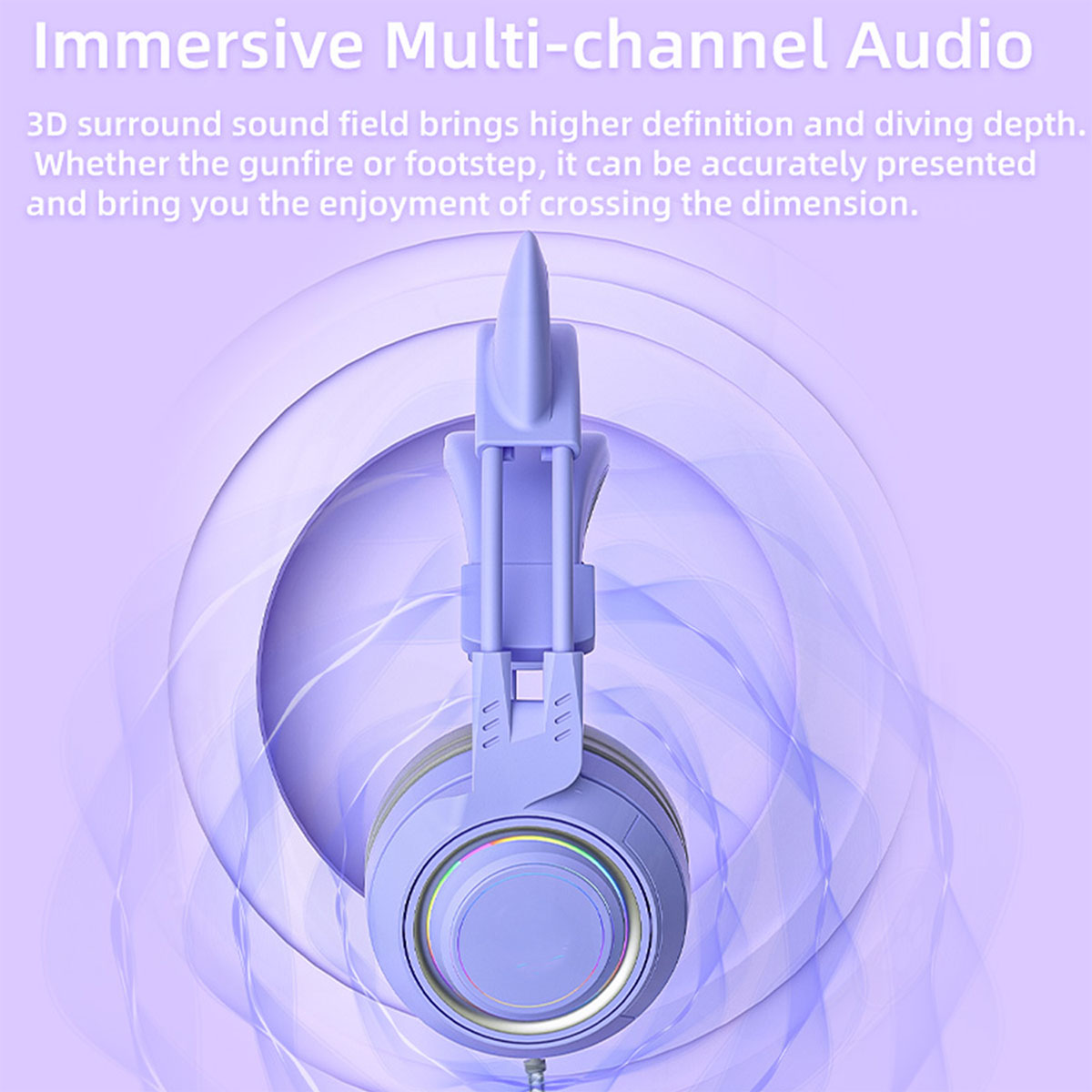 Ein Paar lila Kopfhörer mit Text über immersiven Mehrkanal-Audio, Hintergrund lila.