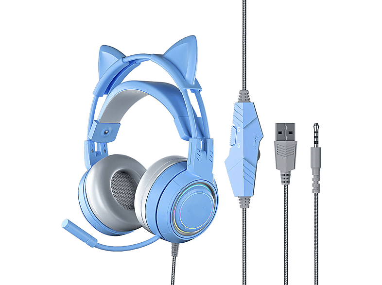 BRIGHTAKE Cat Ear LED-Gaming-Kopfhörer - Erlebe Gaming in einer neuen Dimension, Over-ear Gaming Kopfhörer Blau