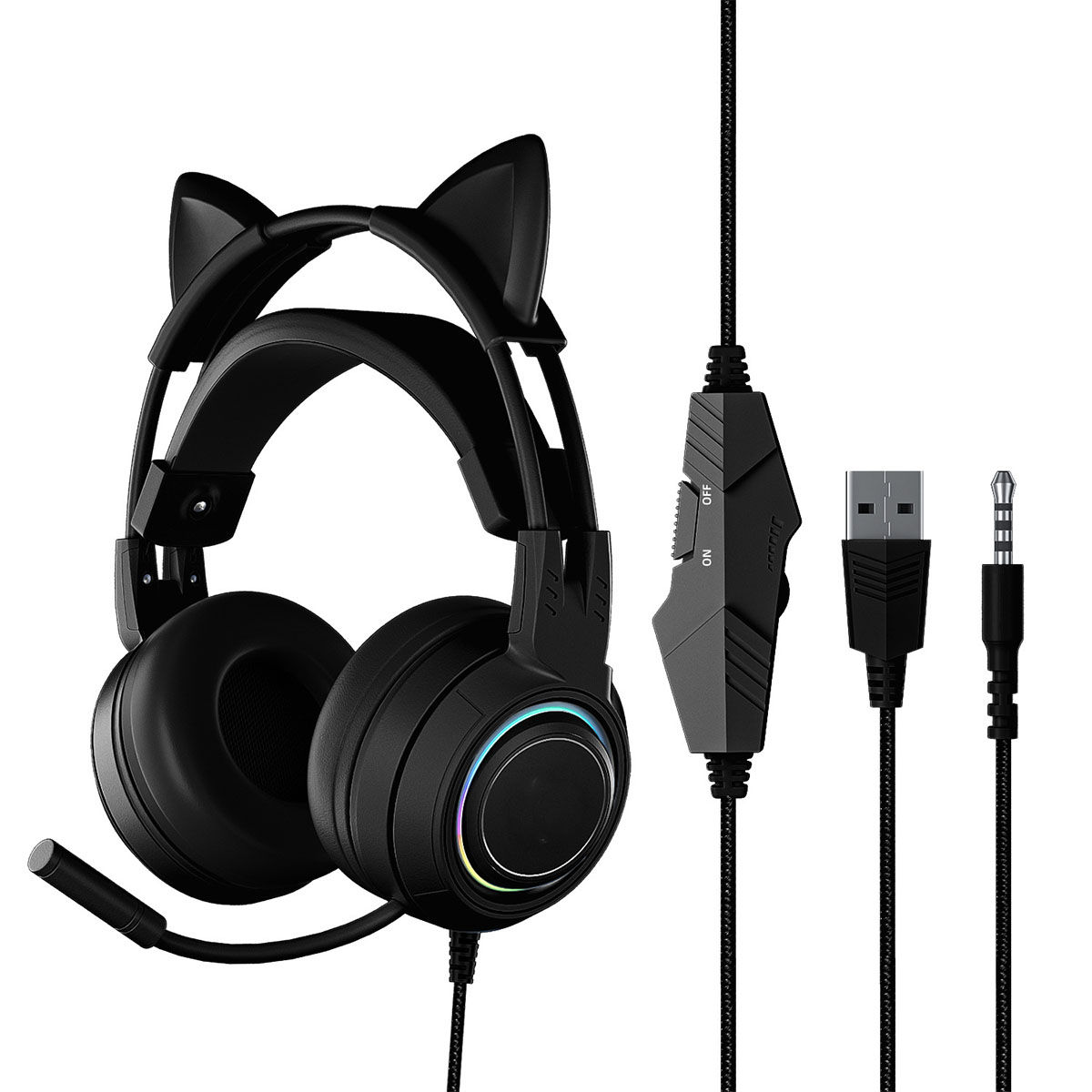 Schwarze Katzenohr-Kopfhörer mit Mikrofon und Steuerbox, plus USB- und Audioanschlüsse.