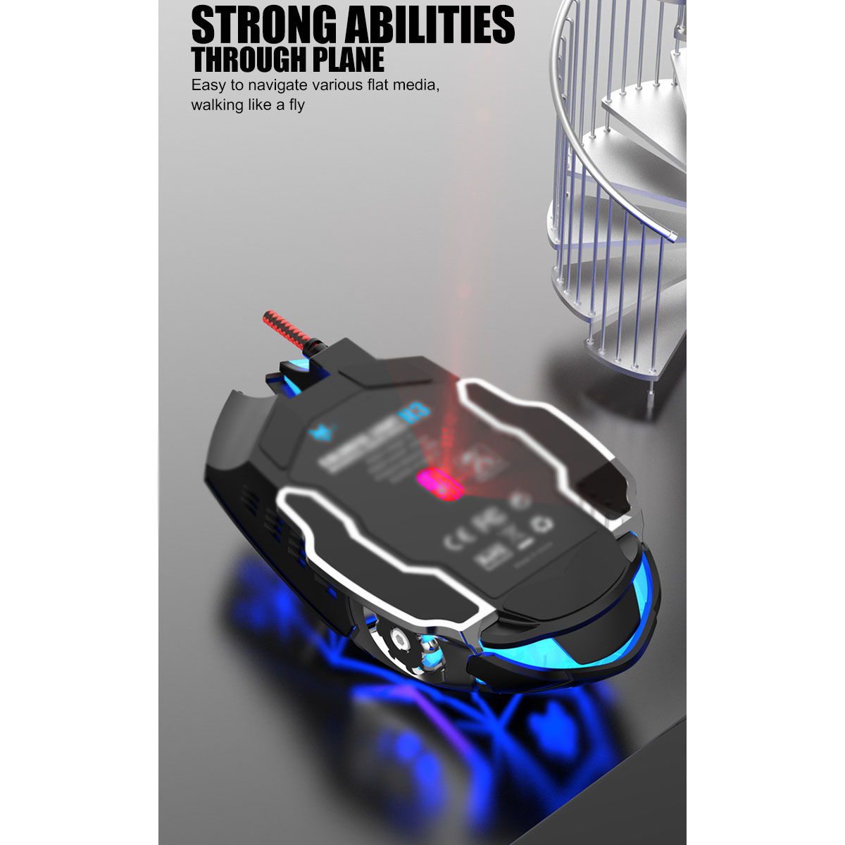 Eine schwarze Gaming-Maus mit blauen Lichtern und Seitenansicht einer Treppe.
