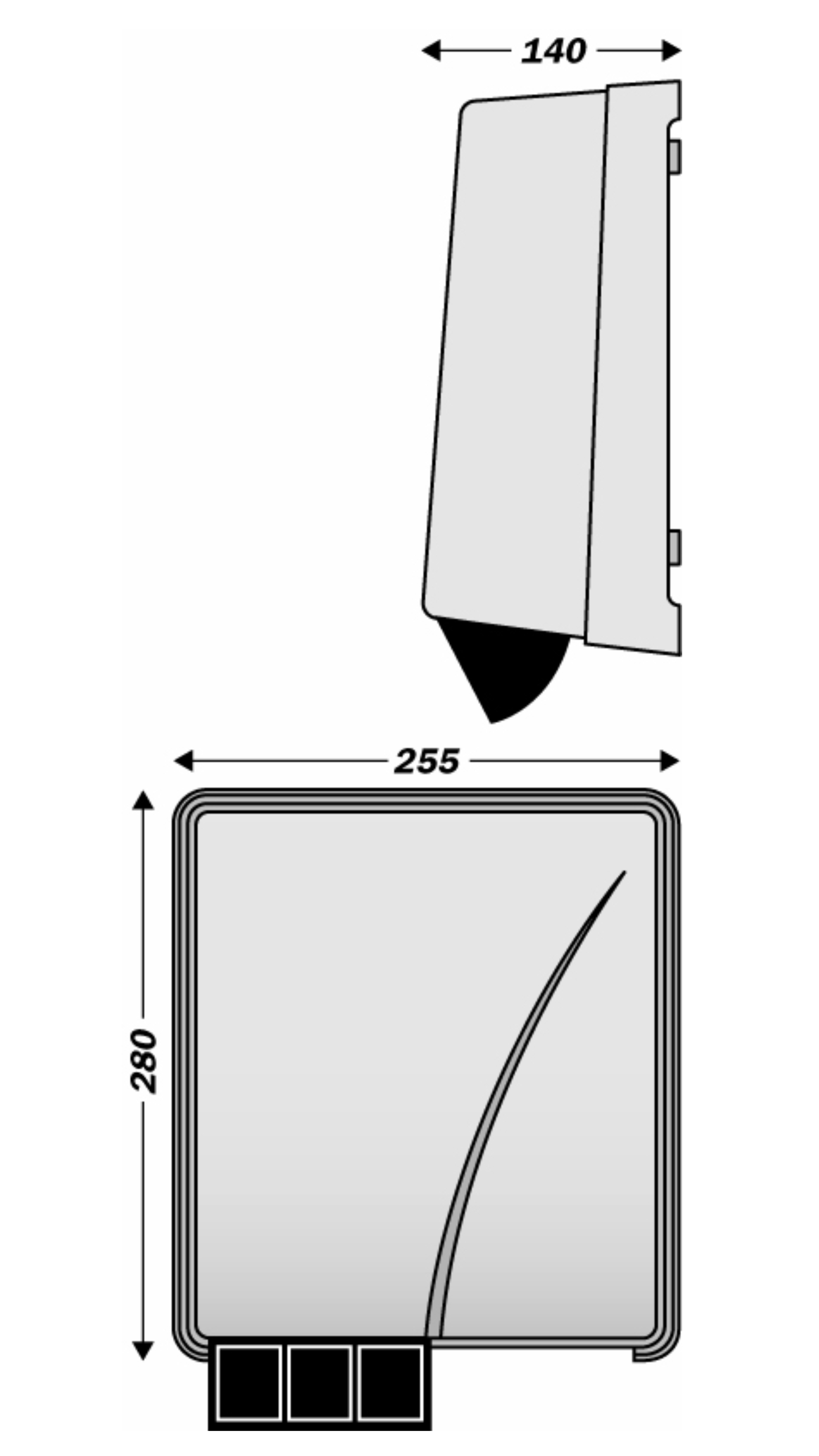 Diagramm eines Händetrockners mit Abmessungen in mm. Schwarz-Weiß-Strichzeichnung.