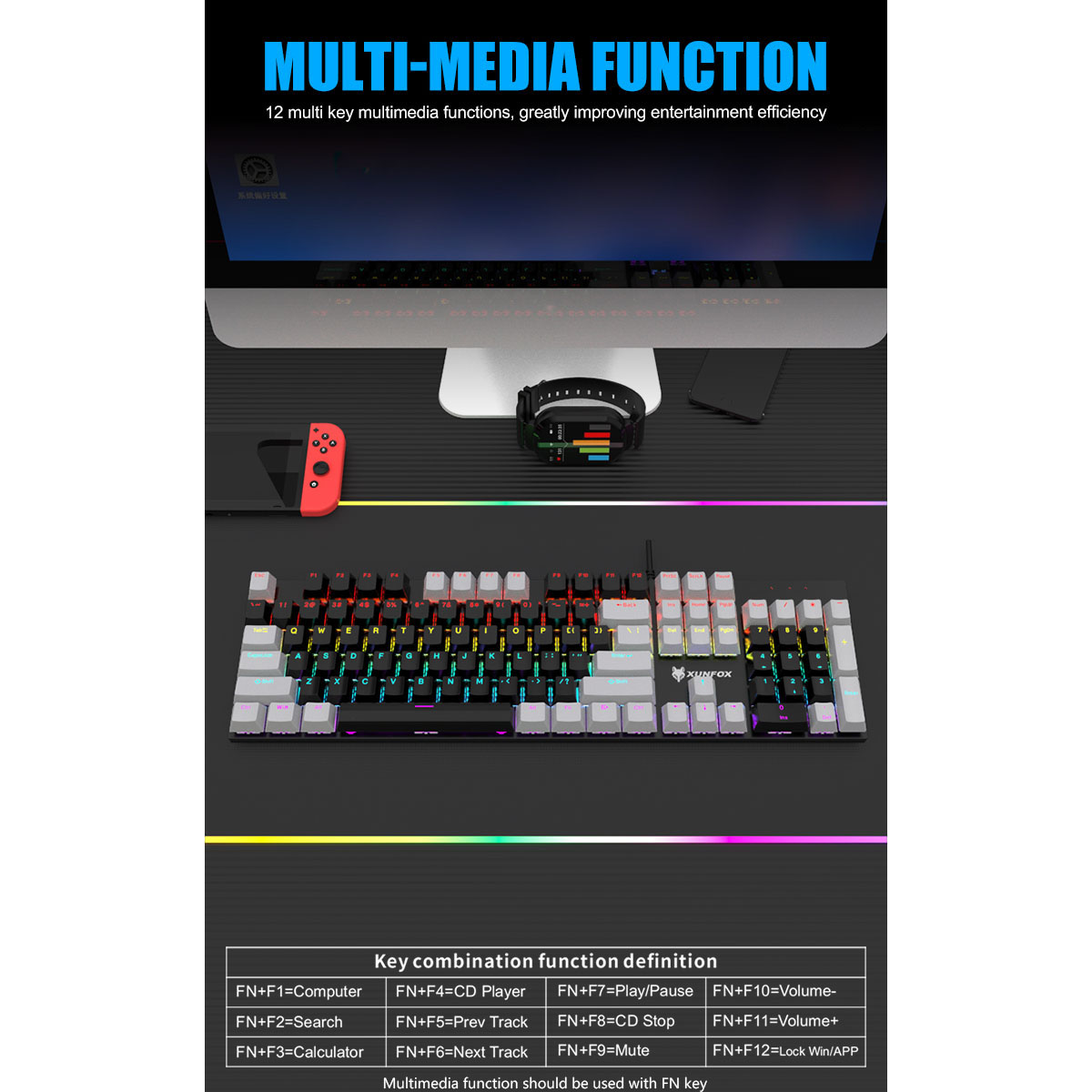 Eine Tastatur mit bunten Tasten und einem Bildschirm mit Desktop-Setup.