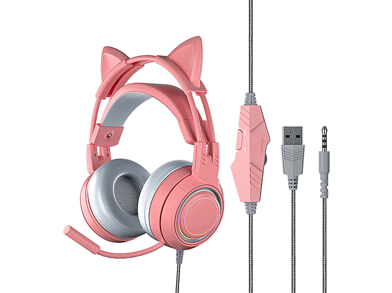 BRIGHTAKE Cat Ear LED-Gaming-Kopfhörer - Erlebe Gaming in einer neuen Dimension, Over-ear Gaming Kopfhörer Rosa