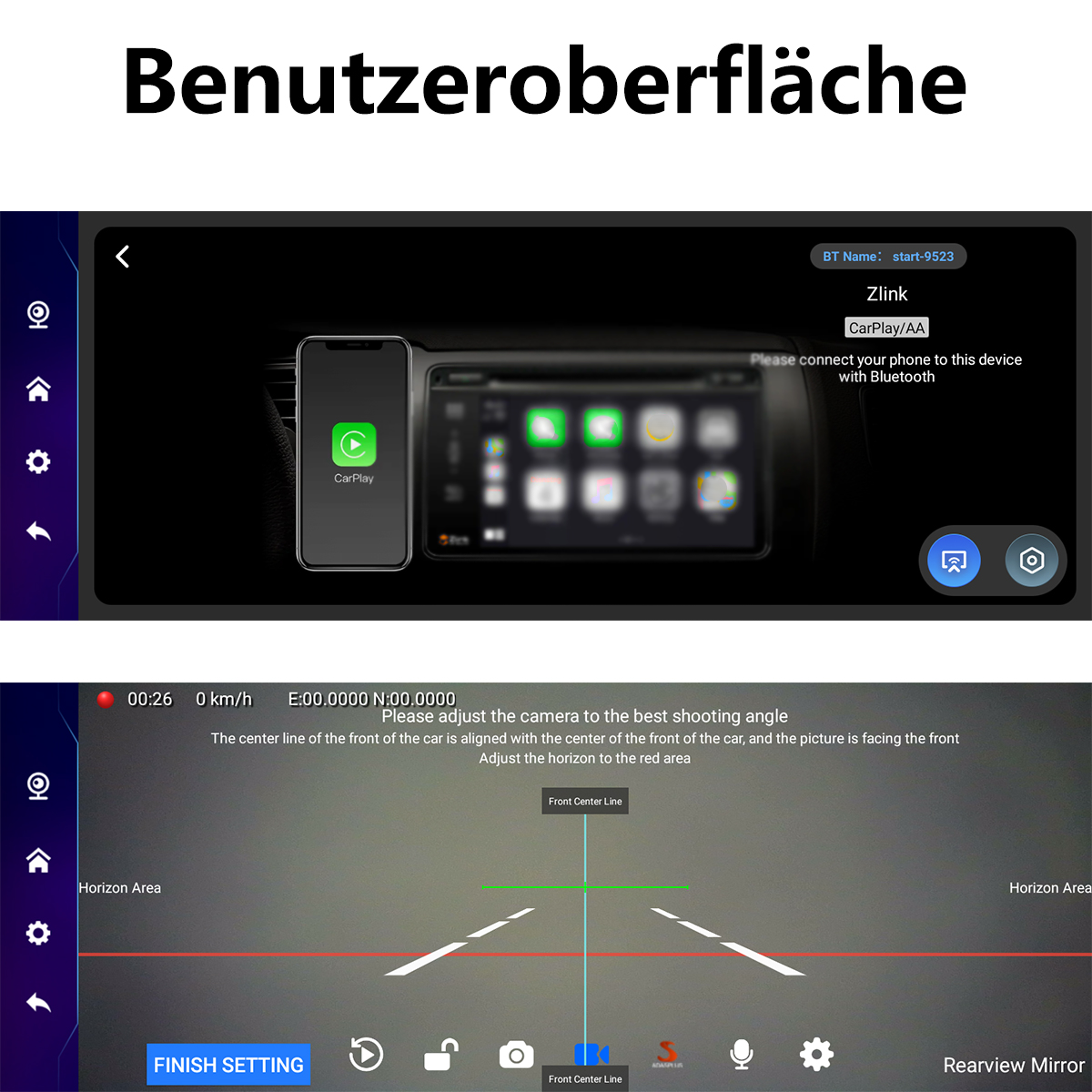 Ein Bildschirm zeigt ein Auto-Infotainmentsystem. Die Oberfläche zeigt ein verbundenes CarPlay.