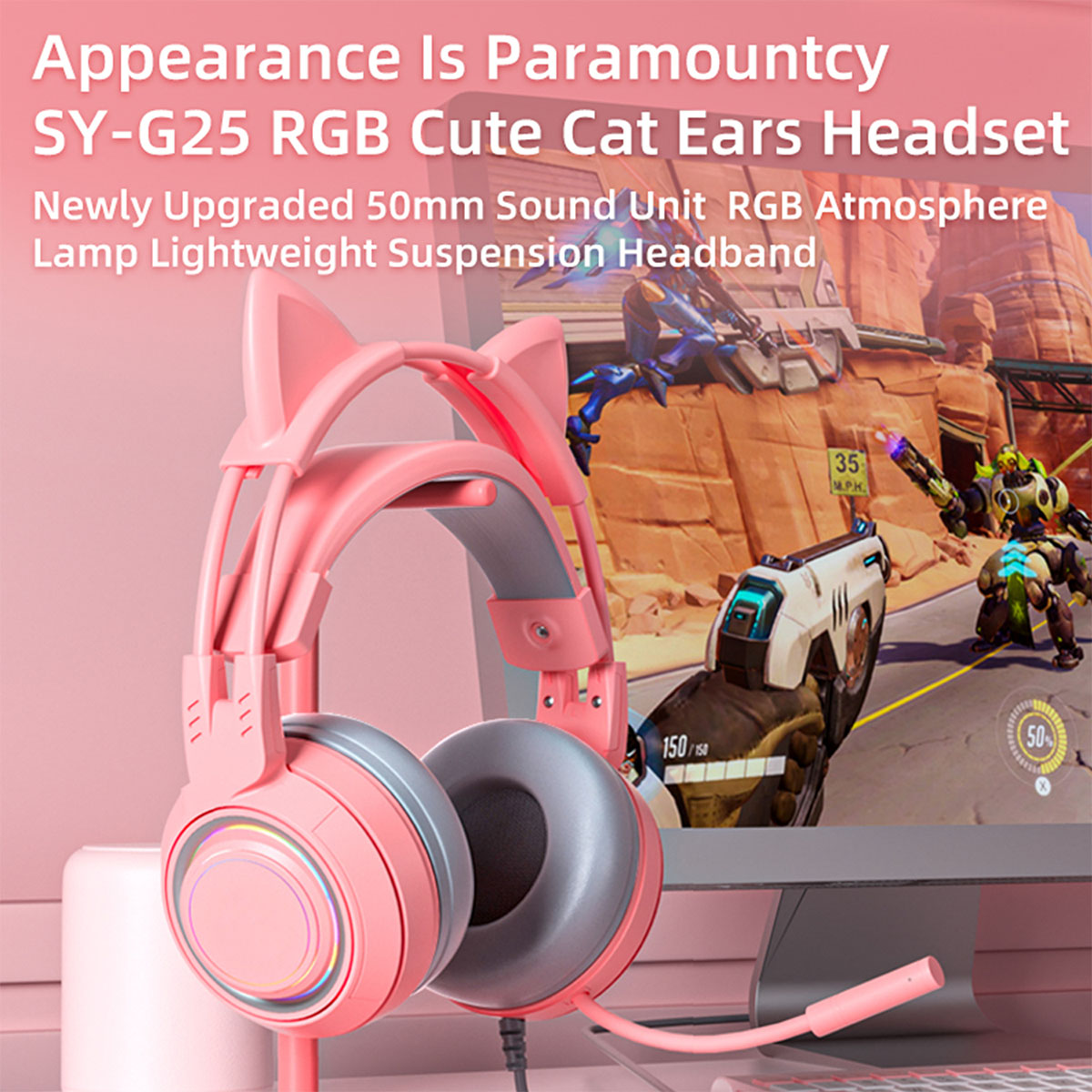 Rosa Katzenohr-Headset, Gaming-Thema, mit Hintergrund.