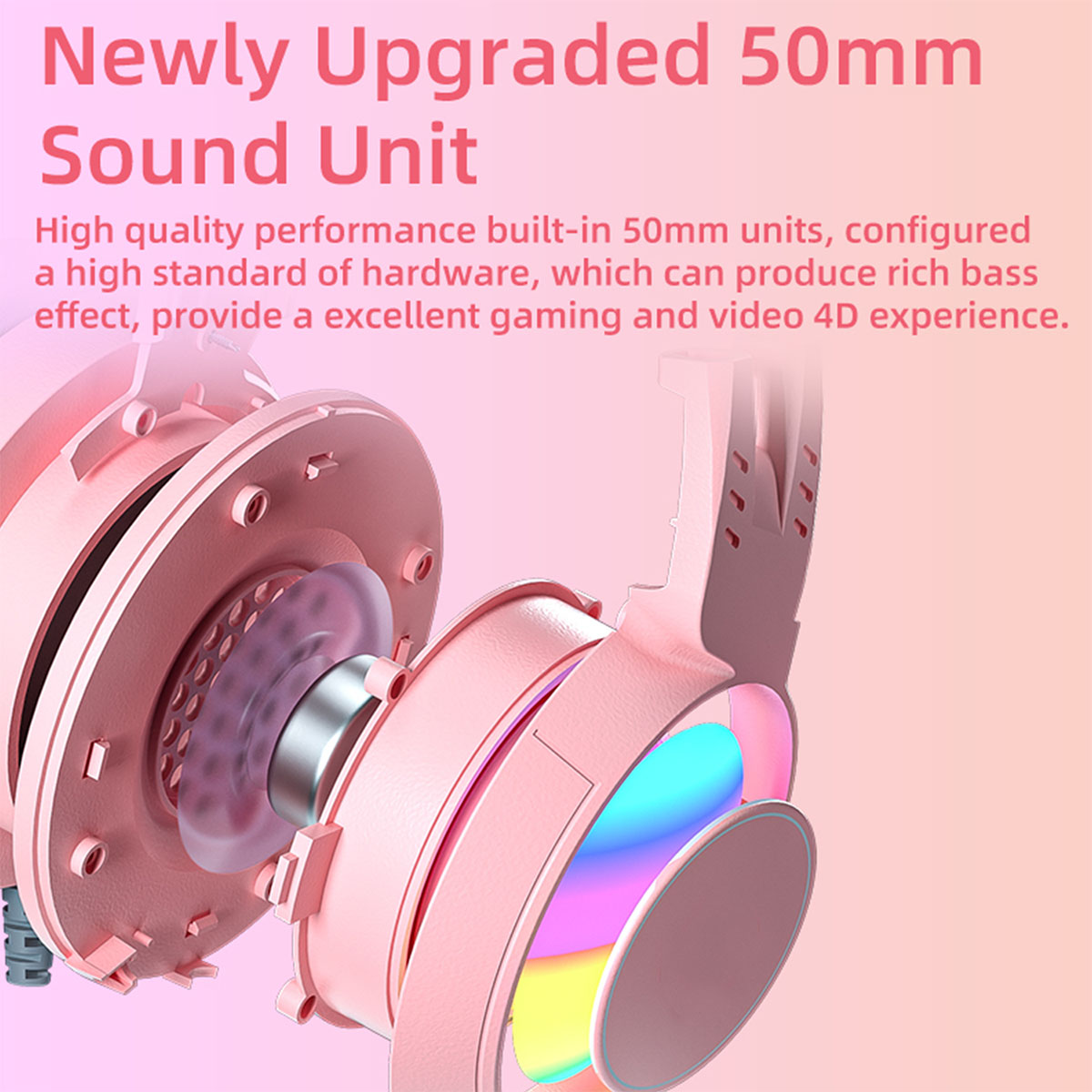 Pinke Kopfhörer mit teilweise transparentem Gehäuse, das innere Komponenten zeigt, und Text: Sound Unit.
