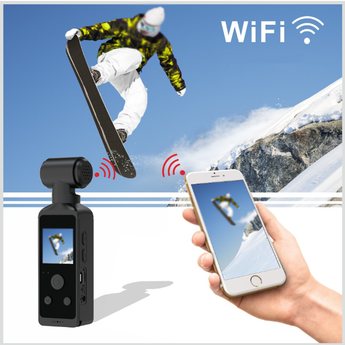 Person hält ein Telefon mit Snowboarder-Bild, WiFi-Symbol sichtbar.