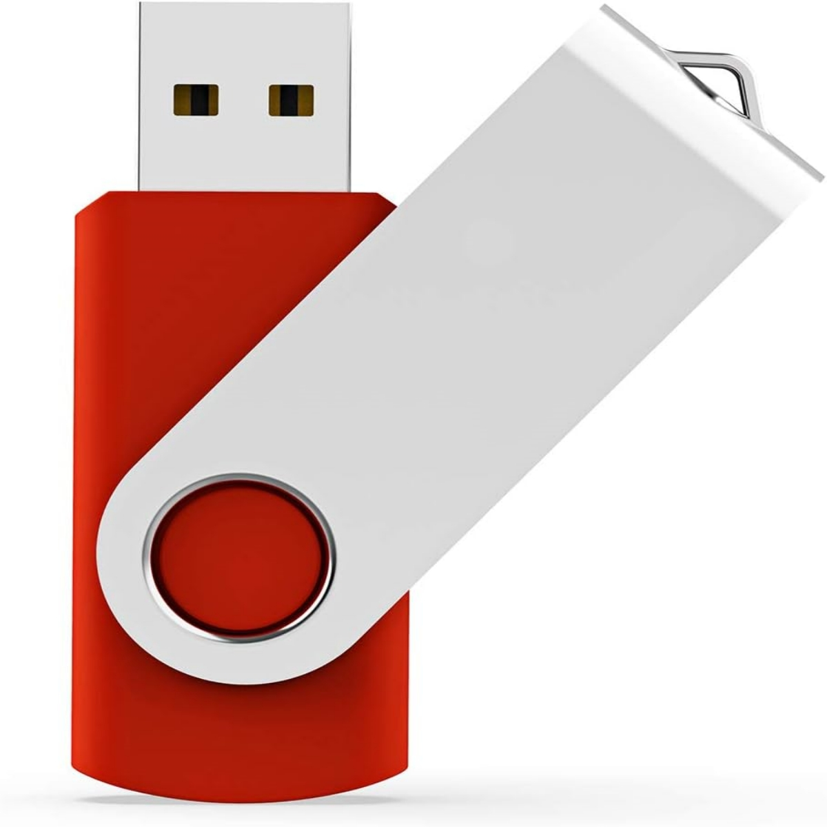 Roter und weißer USB-Stick, wobei der weiße Teil angewinkelt geöffnet ist. Weißer Hintergrund.