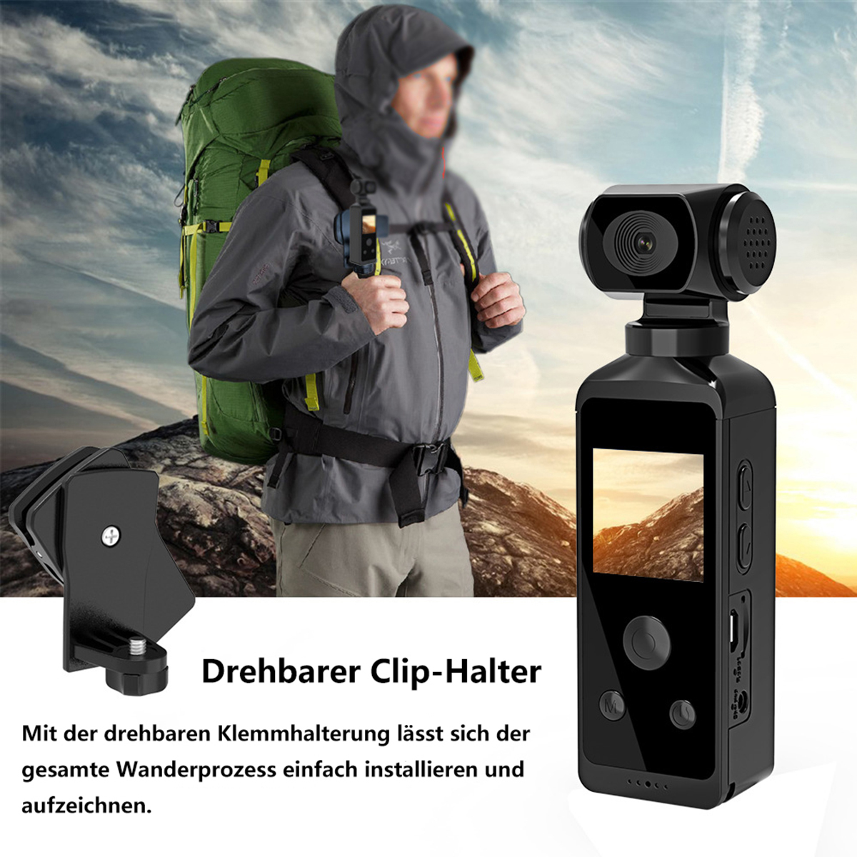 Person wandert und nimmt mit einer schwarzen Kamera auf einem drehbaren Cliphalter auf.