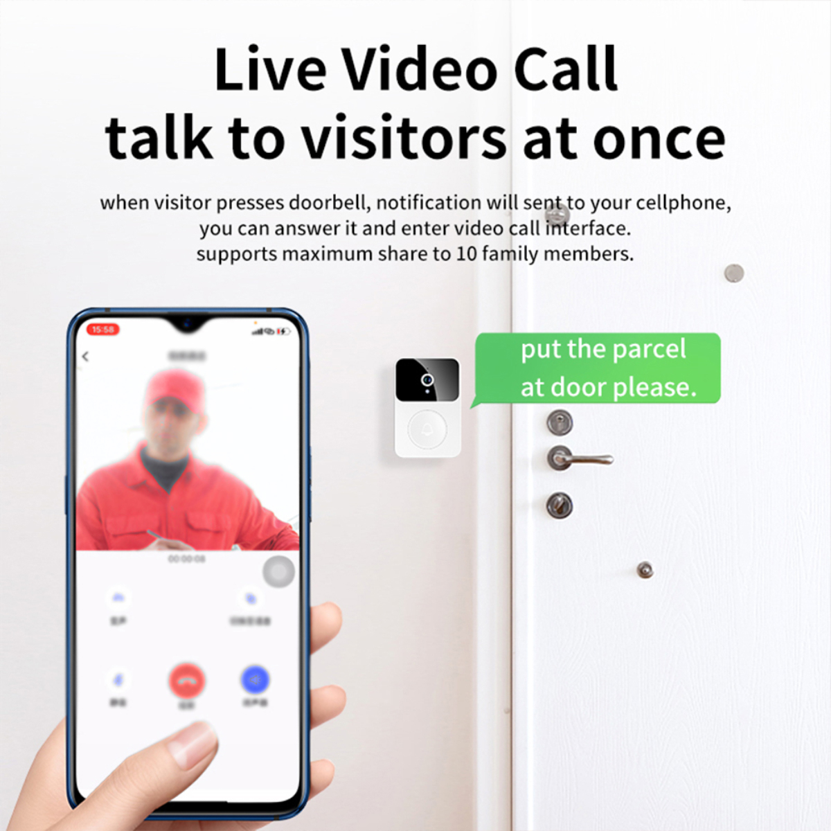 Ein Smartphone zeigt einen Videoanruf mit einer Person. Eine Türklingel und eine grüne Sprechblase sind ebenfalls sichtbar.
