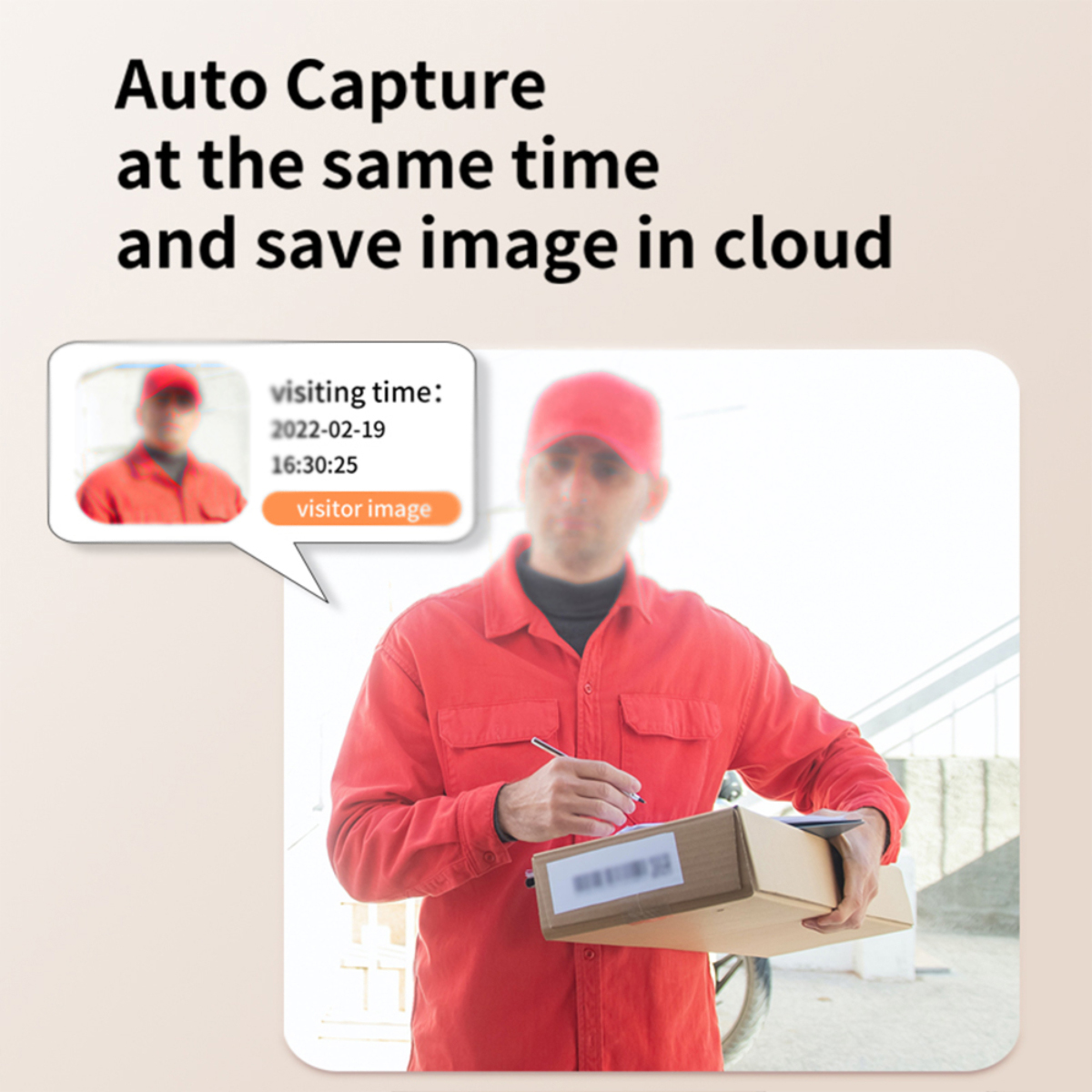 Person in roter Uniform unterschreibt für ein Paket, mit Wolkenbild.