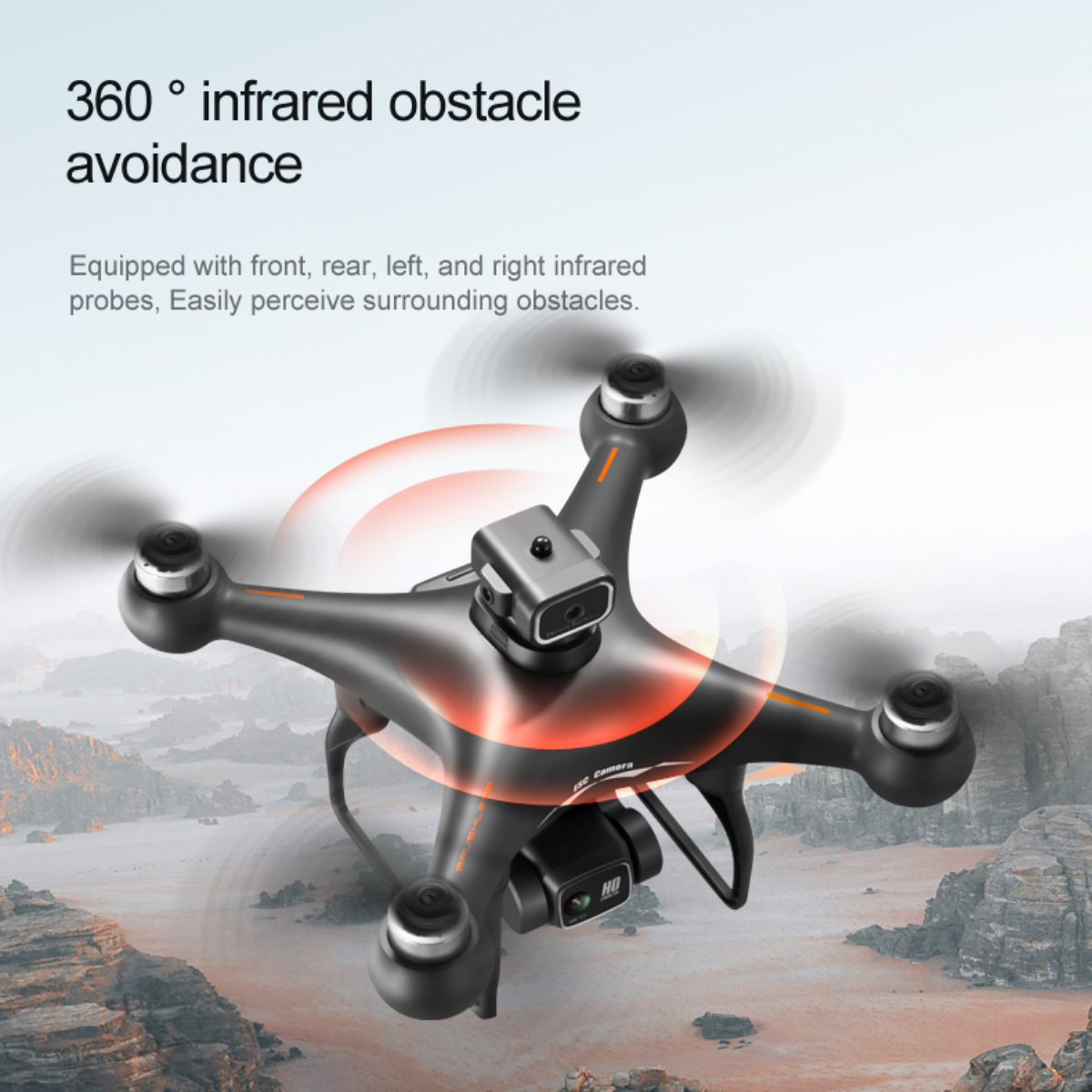 Eine Drohne mit 360-Grad-Infrarot-Hindernisvermeidung. Sie hat eine Kamera und Rotoren. In einer Landschaft.