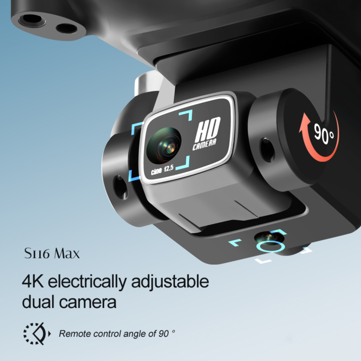 Schwarze Drohne mit Kamera. Der Text lautet '4K elektrisch einstellbare Dualkamera'.